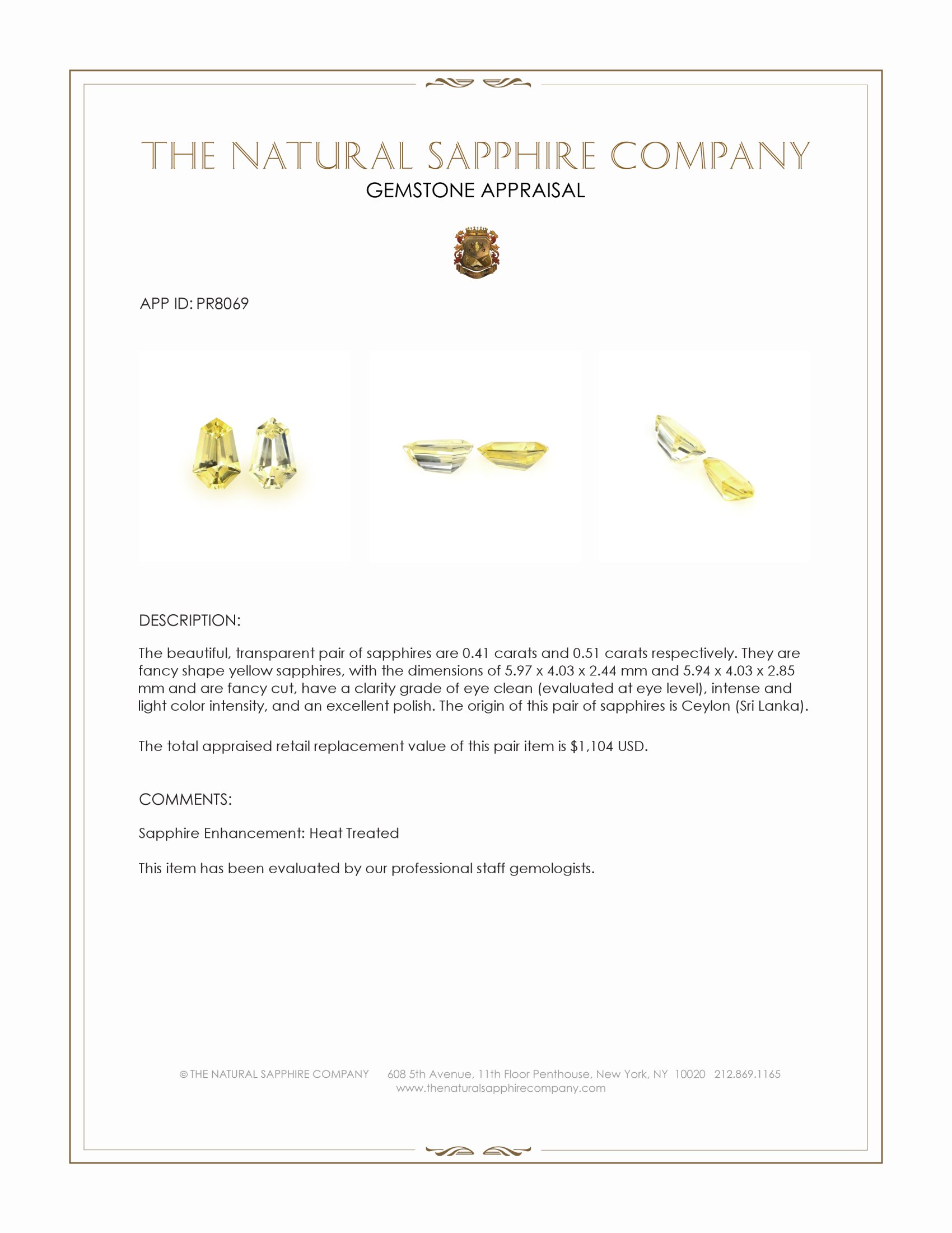 0.92 Ct.Tw. Yellow Sapphire Pair from Ceylon (Sri Lanka)