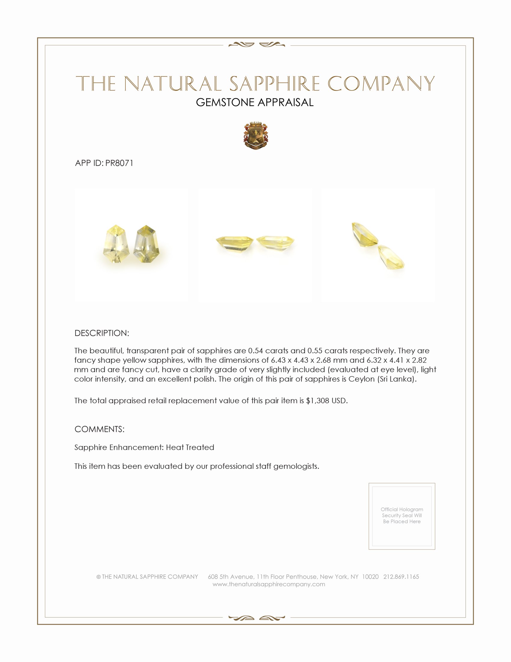 1.09 Ct.Tw. Yellow Sapphire Pair from Ceylon (Sri Lanka)