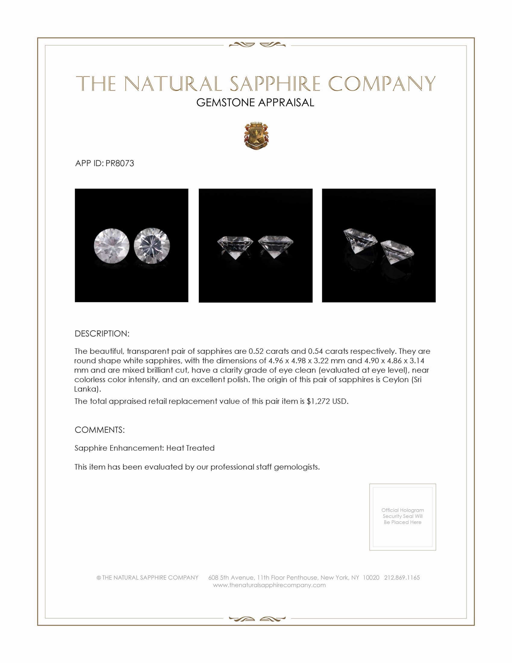 1.06 Ct.Tw. White Sapphire Pair from Ceylon (Sri Lanka)