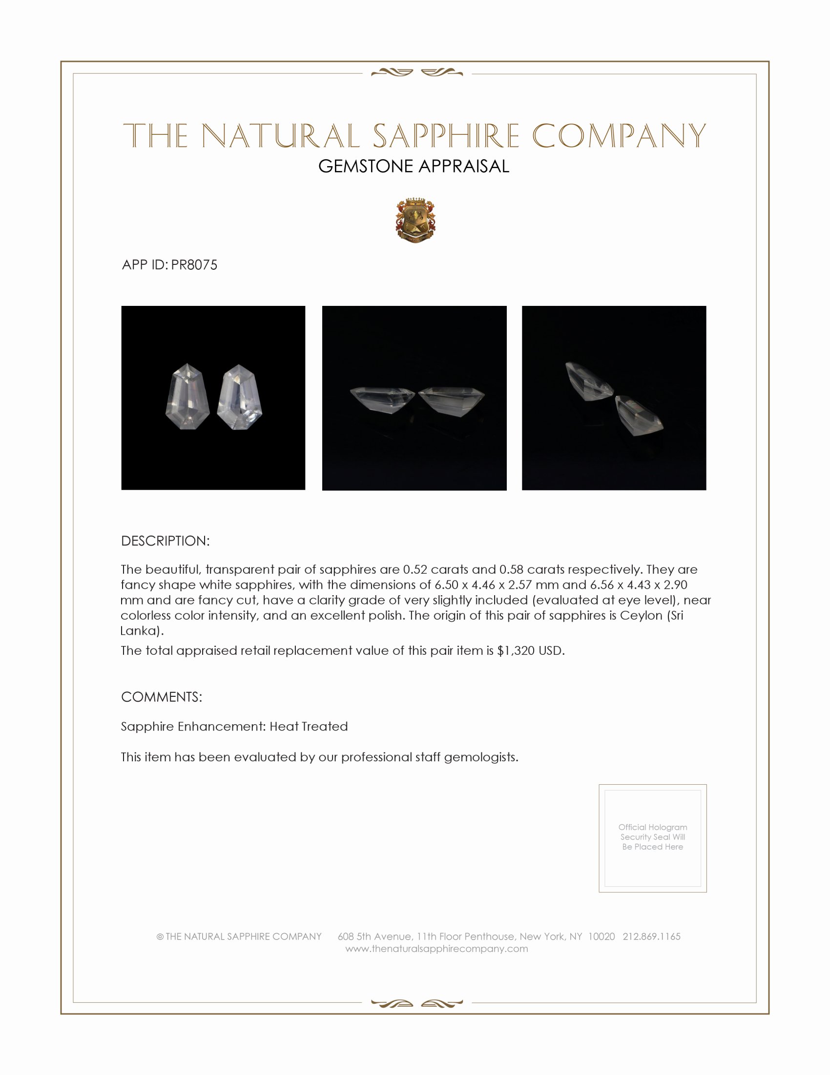 1.10 Ct.Tw. White Sapphire Pair from Ceylon (Sri Lanka)