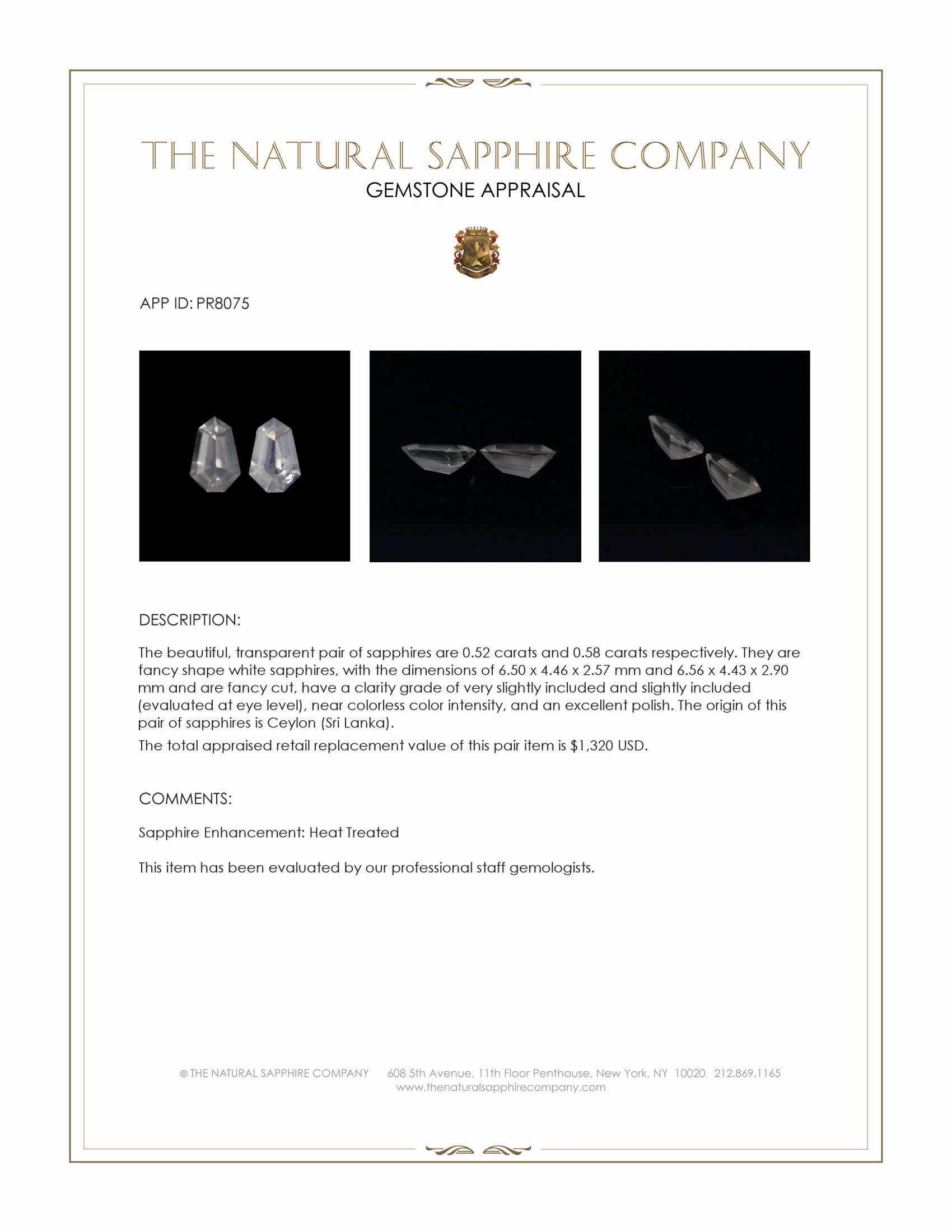 1.10 Ct.Tw. White Sapphire Pair from Ceylon (Sri Lanka)