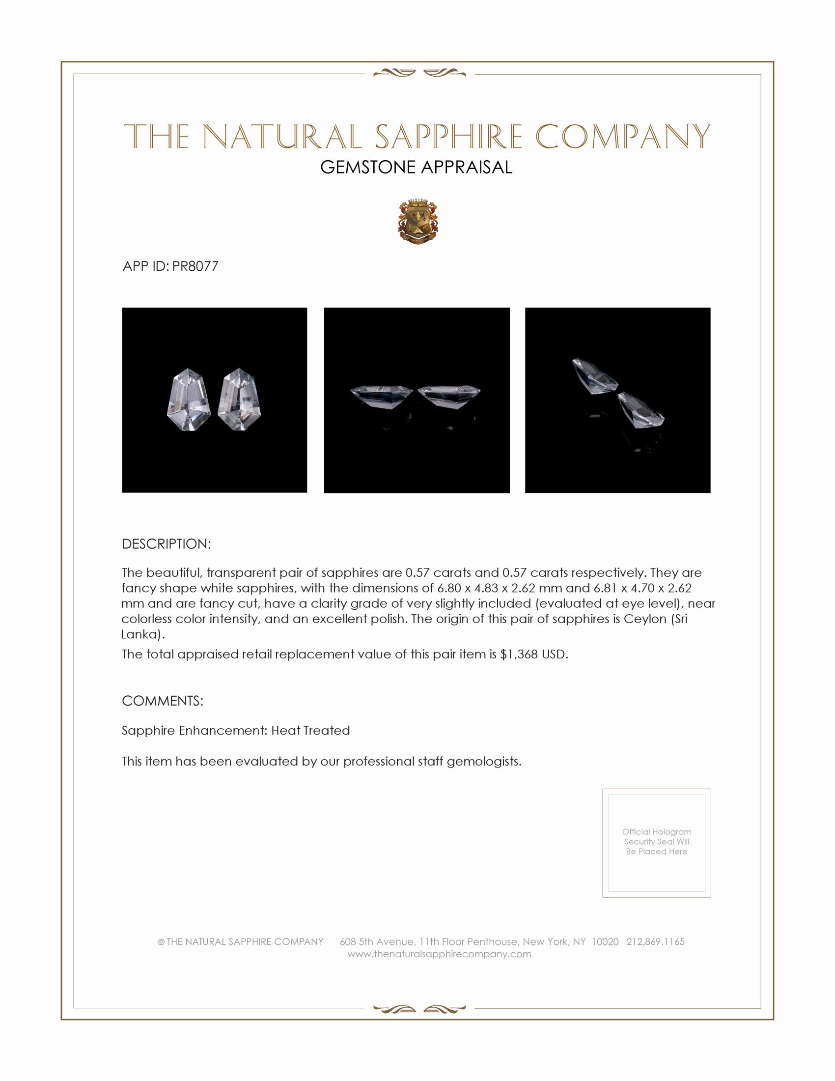 1.14 Ct.Tw. White Sapphire Pair from Ceylon (Sri Lanka)