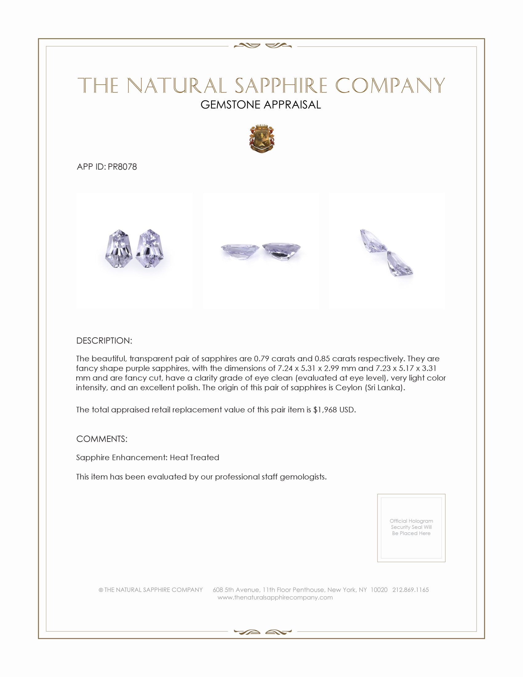 1.64 Ct.Tw. Purple Sapphire Pair from Ceylon (Sri Lanka)