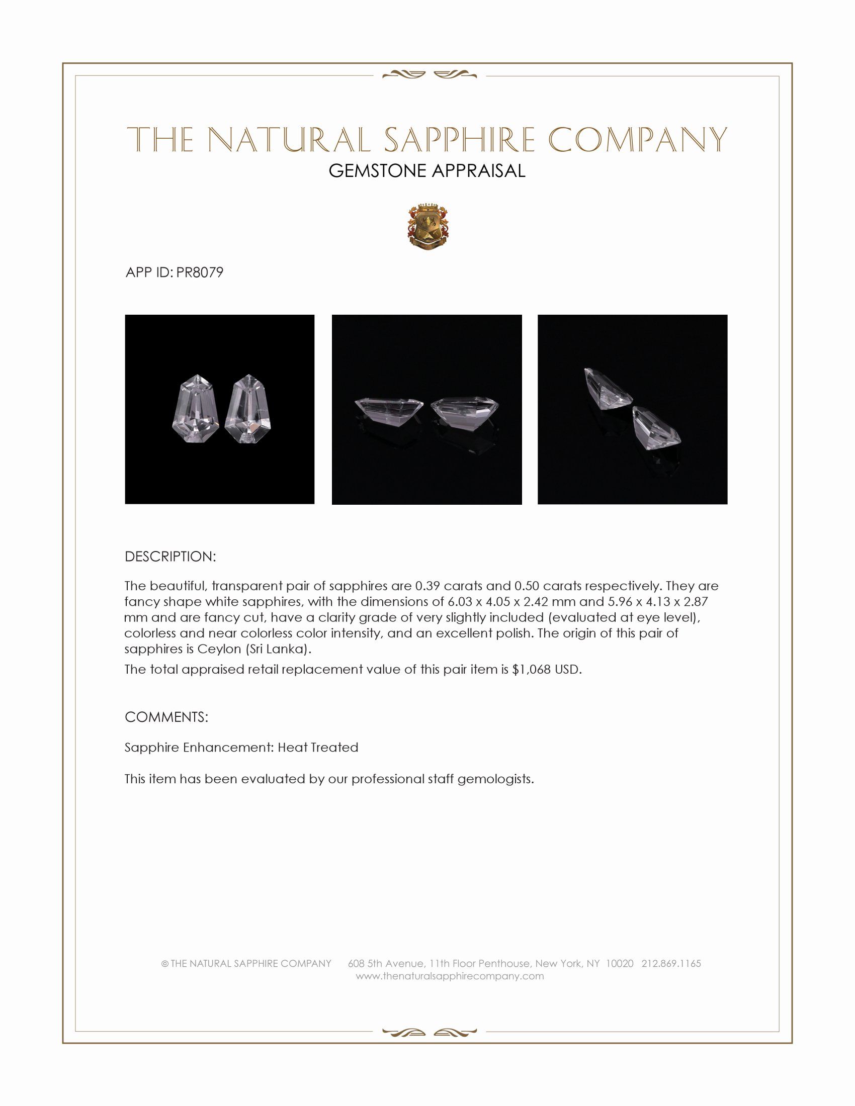 0.89 Ct.Tw. White Sapphire Pair from Ceylon (Sri Lanka)