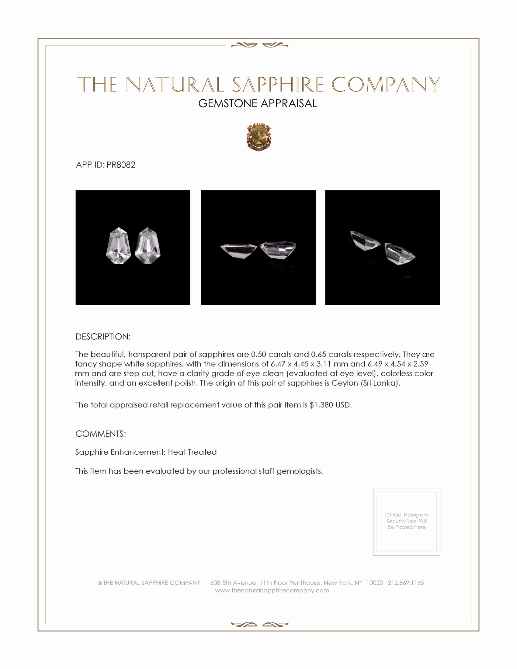 1.15 Ct.Tw. White Sapphire Pair from Ceylon (Sri Lanka)