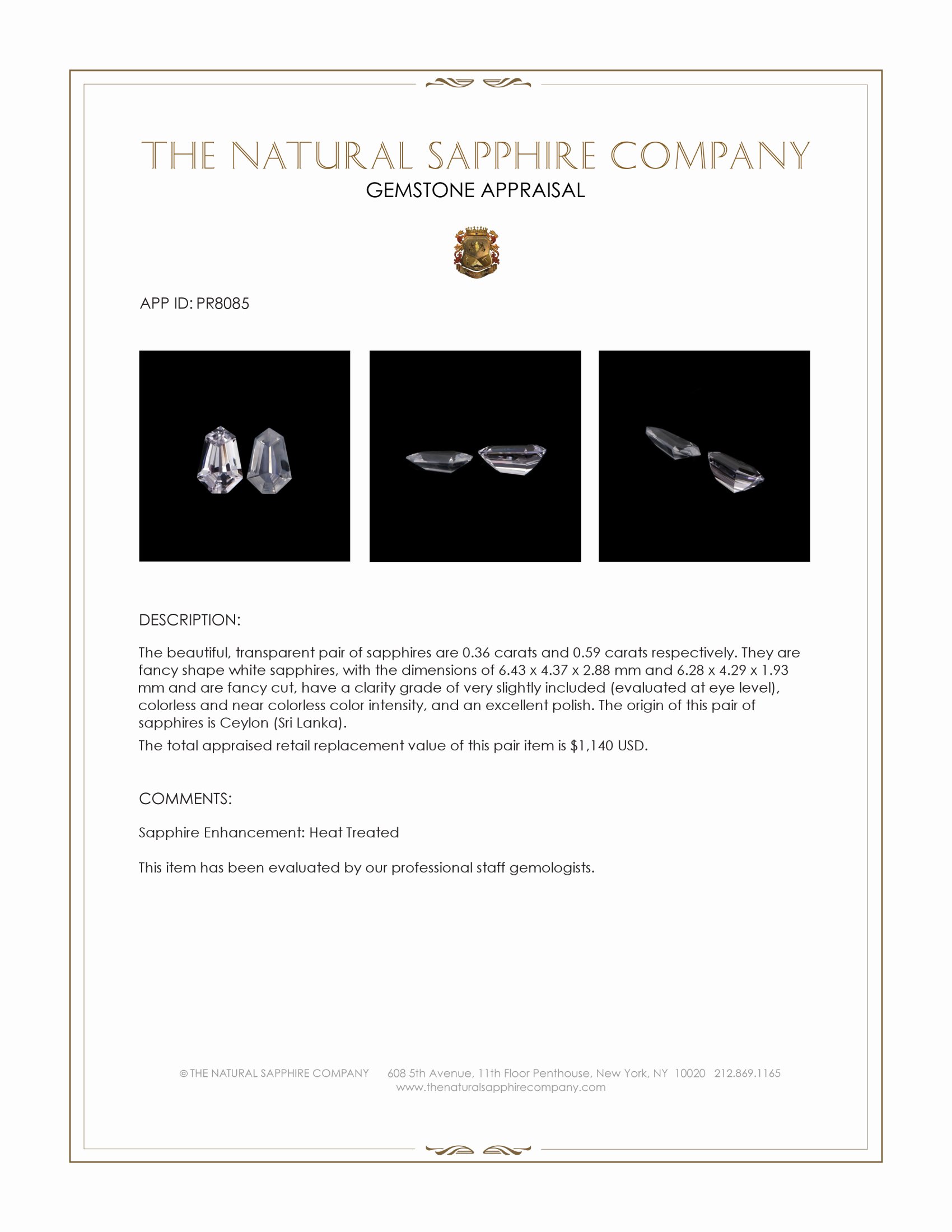 0.95 Ct.Tw. White Sapphire Pair from Ceylon (Sri Lanka)