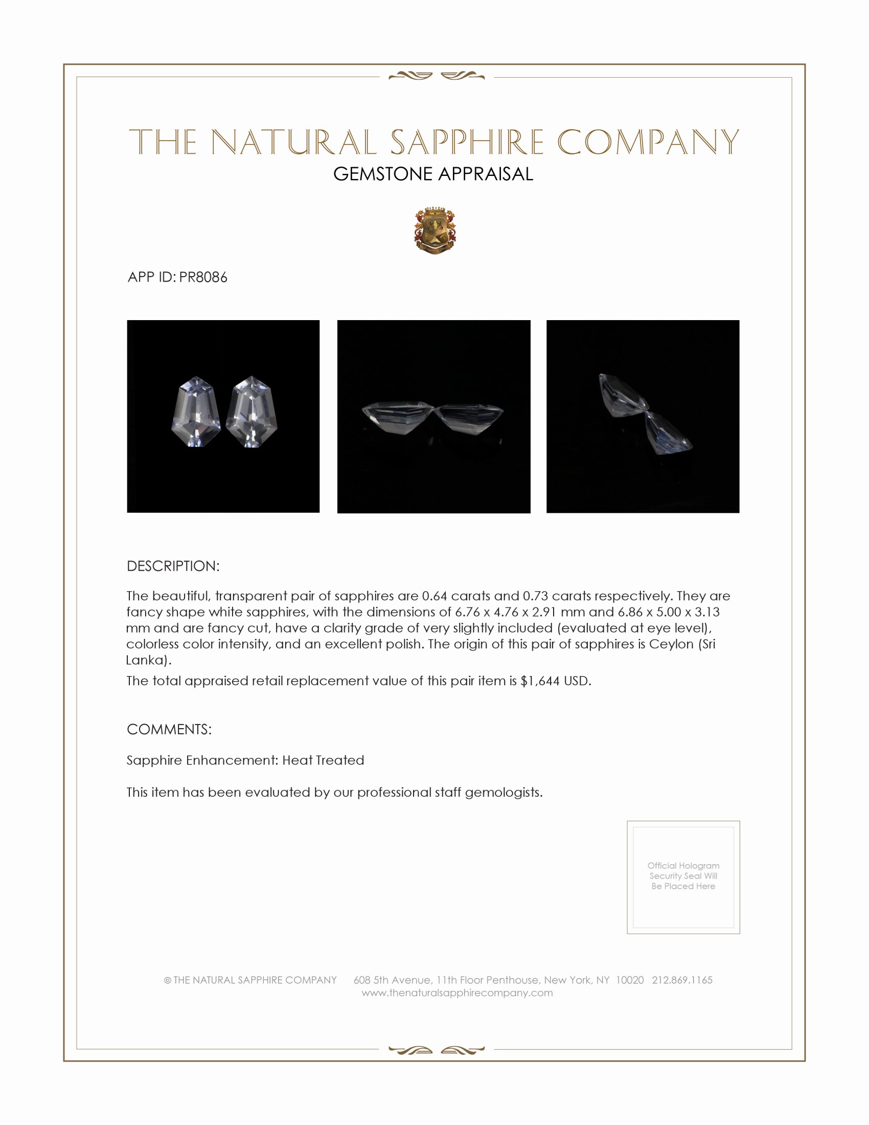 1.37 Ct.Tw. White Sapphire Pair from Ceylon (Sri Lanka)