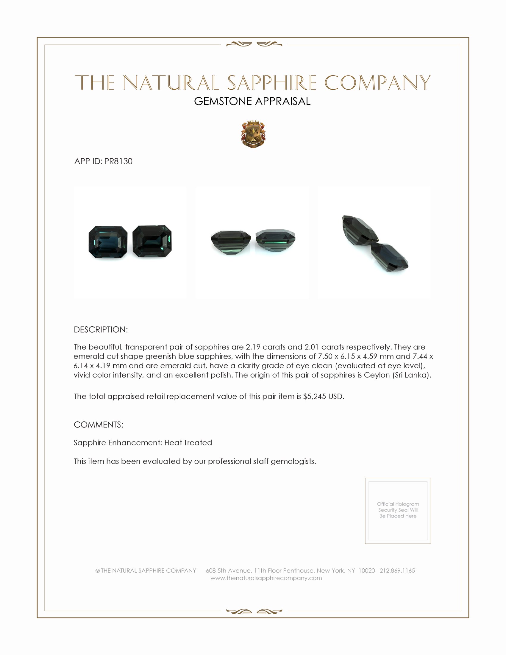 4.20 Ct.Tw. Greenish Blue Sapphire Pair from Ceylon (Sri Lanka)