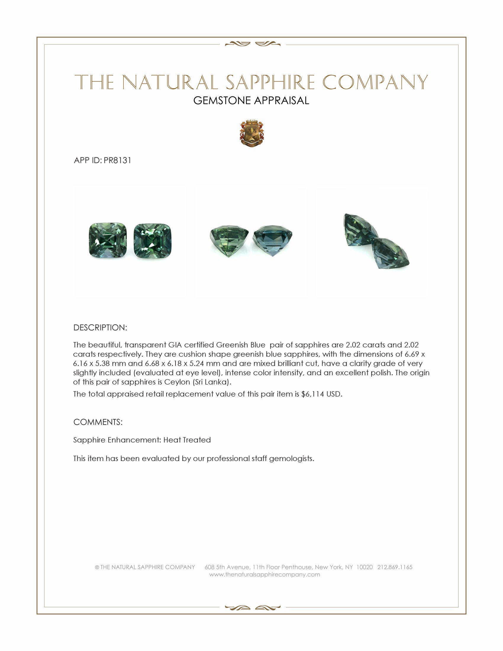 4.04 Ct.Tw. Greenish Blue Sapphire Pair from Ceylon (Sri Lanka)