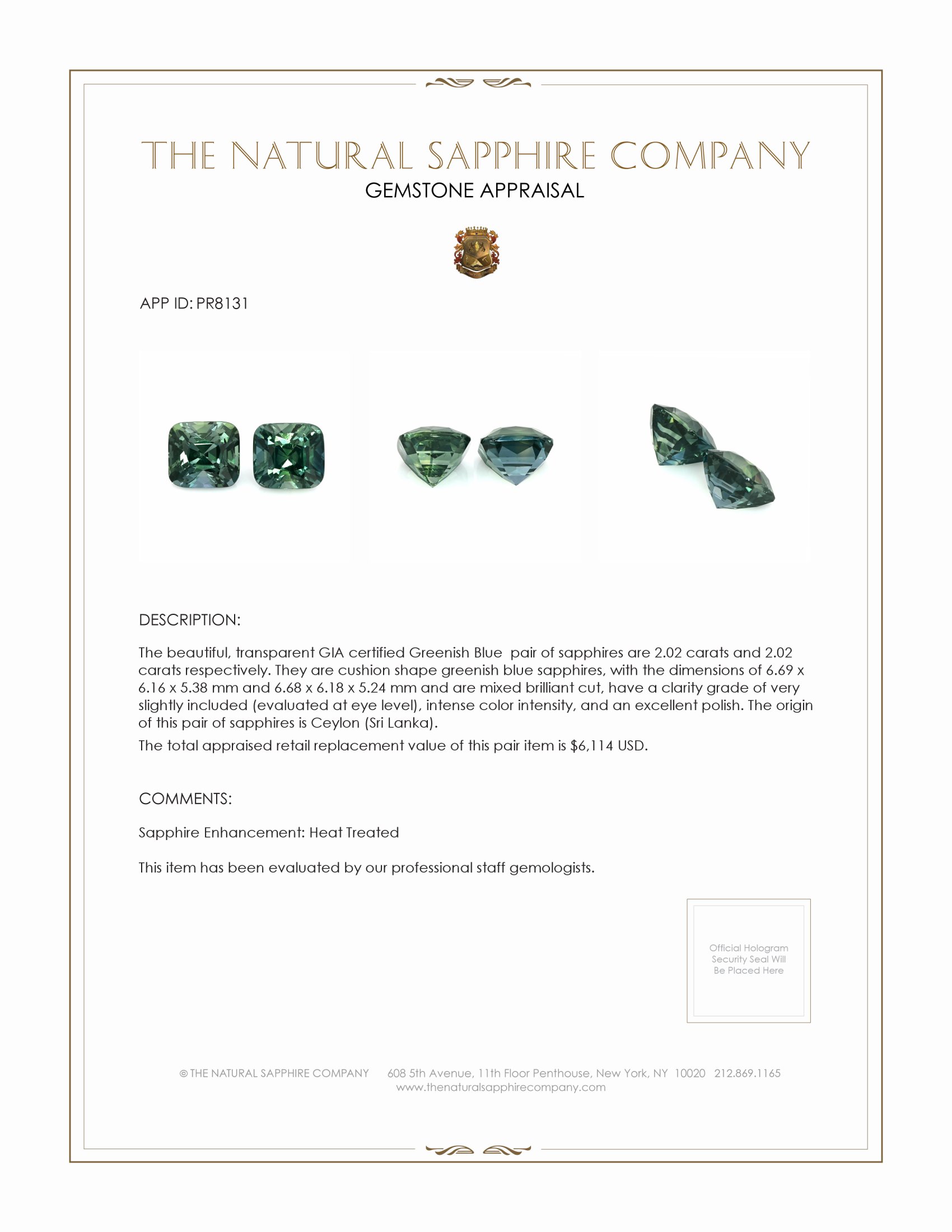 4.04 Ct.Tw. Greenish Blue Sapphire Pair from Ceylon (Sri Lanka)