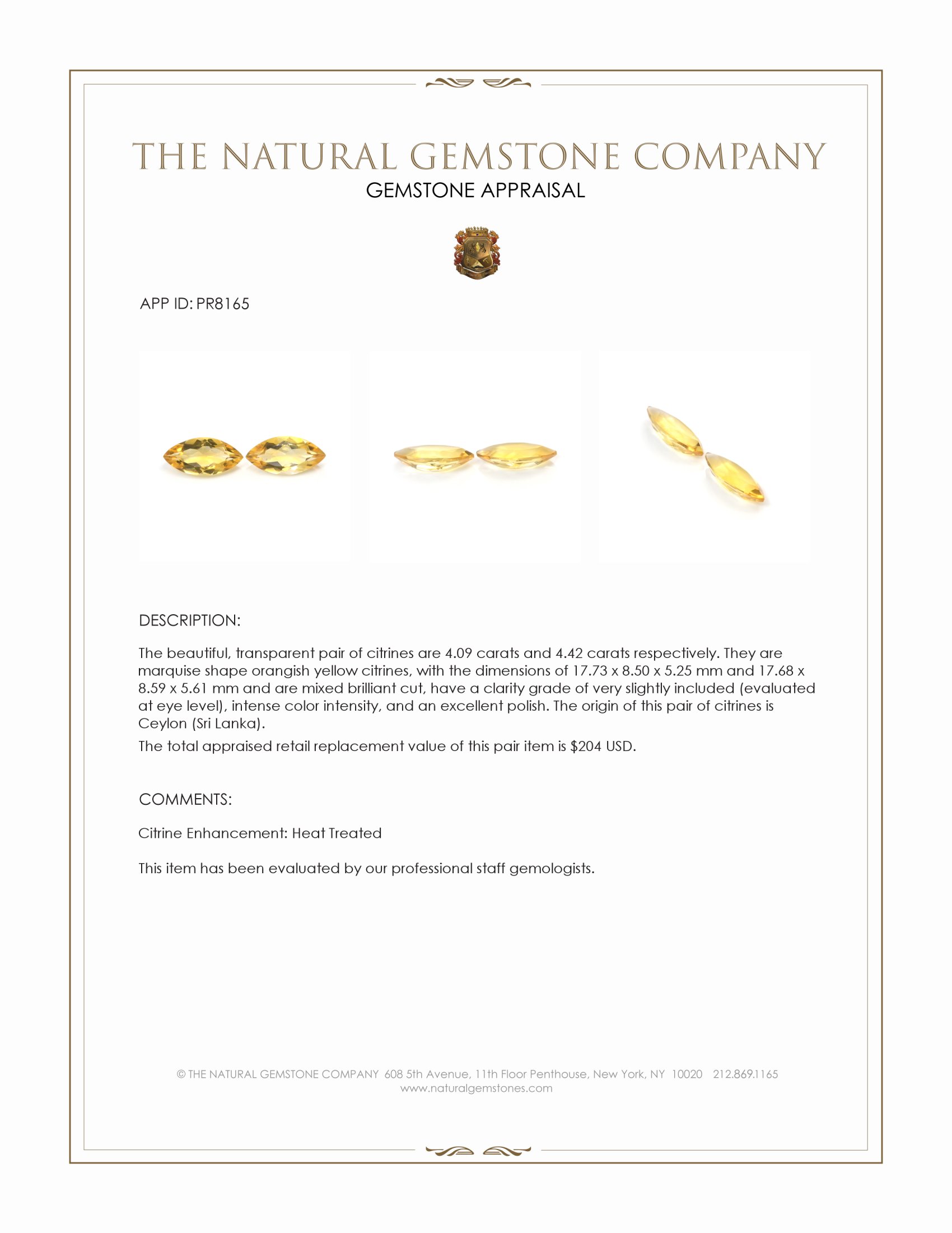 8.51 Ct.Tw. Orangish Yellow Citrine Pair from Ceylon (Sri Lanka)