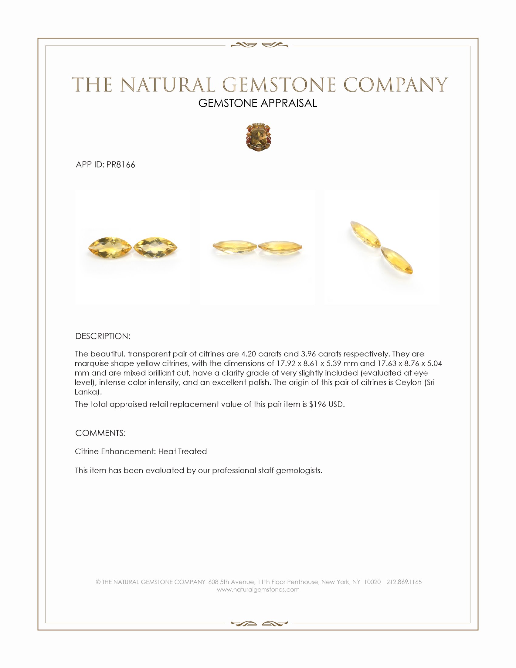 8.16 Ct.Tw. Yellow Citrine Pair from Ceylon (Sri Lanka)