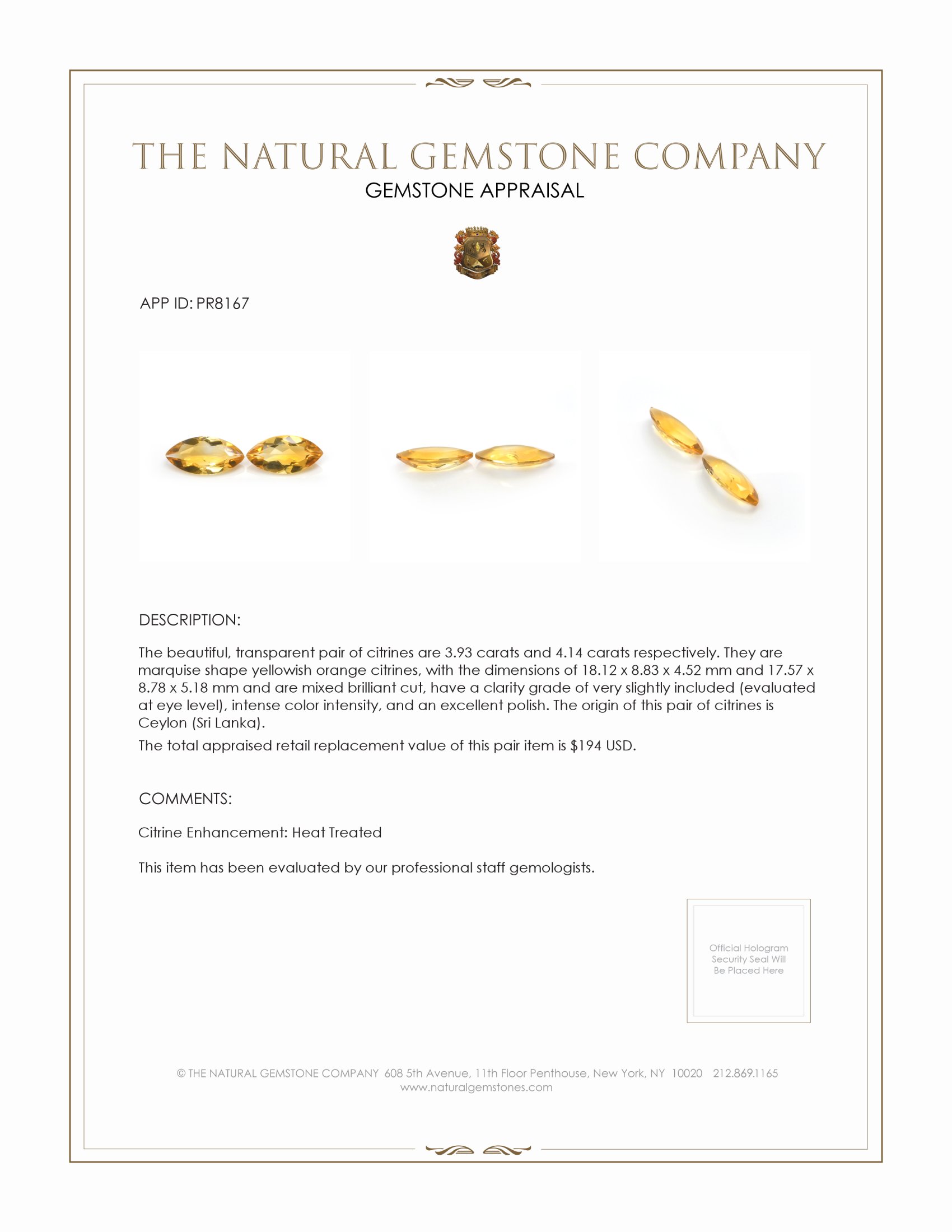 8.07 Ct.Tw. Citrine Pair from Ceylon (Sri Lanka)