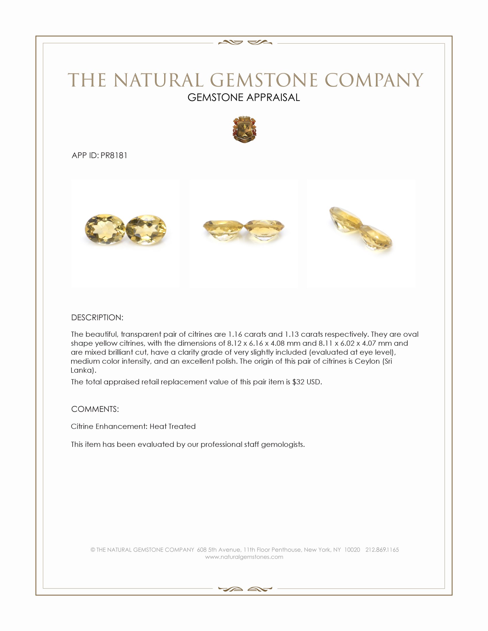 2.29 Ct.Tw. Yellow Citrine Pair from Ceylon (Sri Lanka)