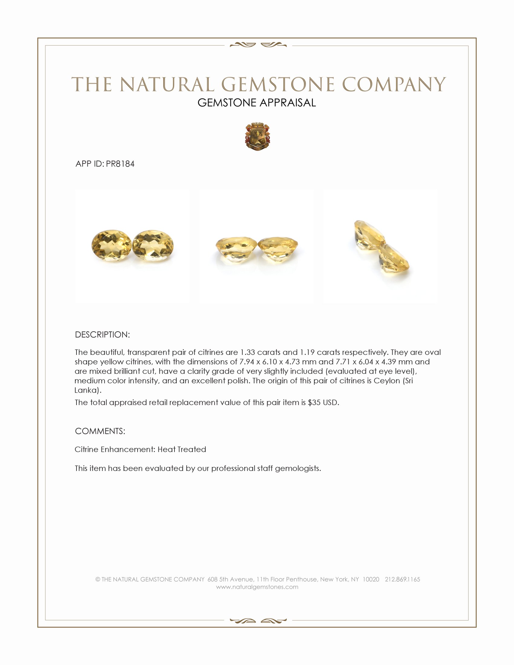 2.52 Ct.Tw. Yellow Citrine Pair from Ceylon (Sri Lanka)