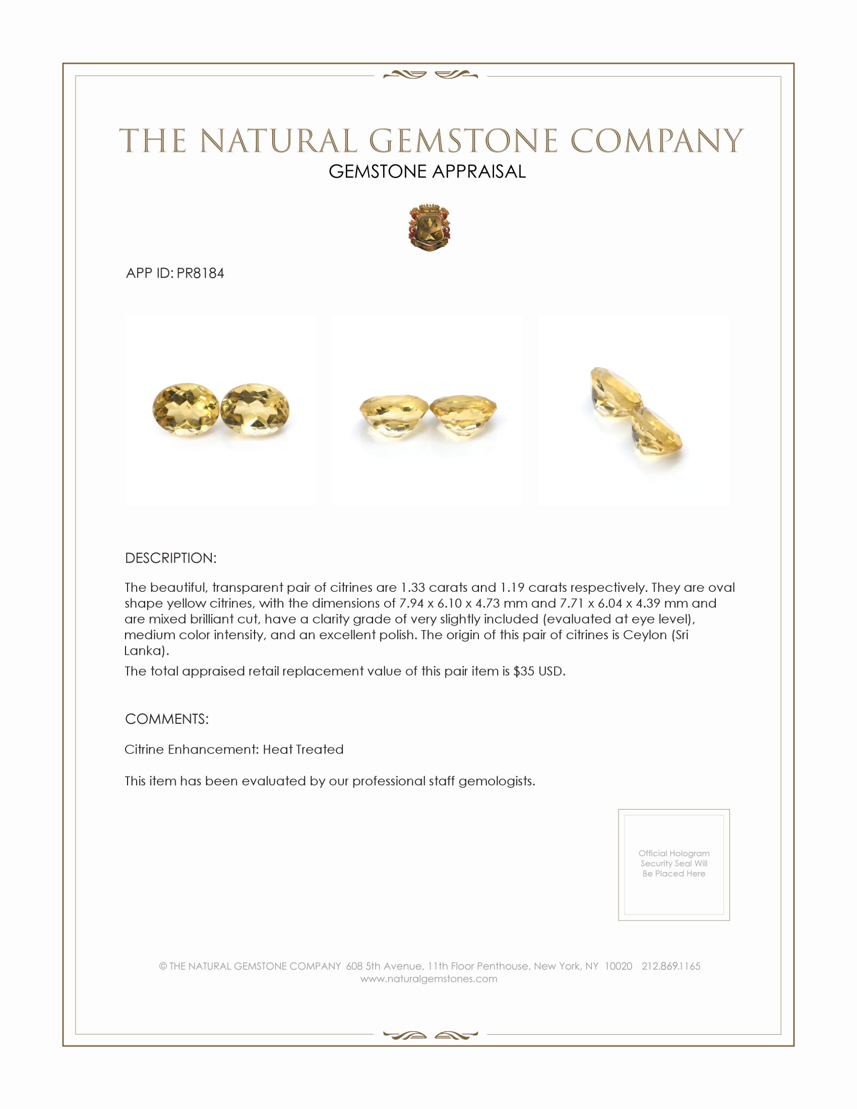 2.52 Ct.Tw. Citrine Pair from Ceylon (Sri Lanka)