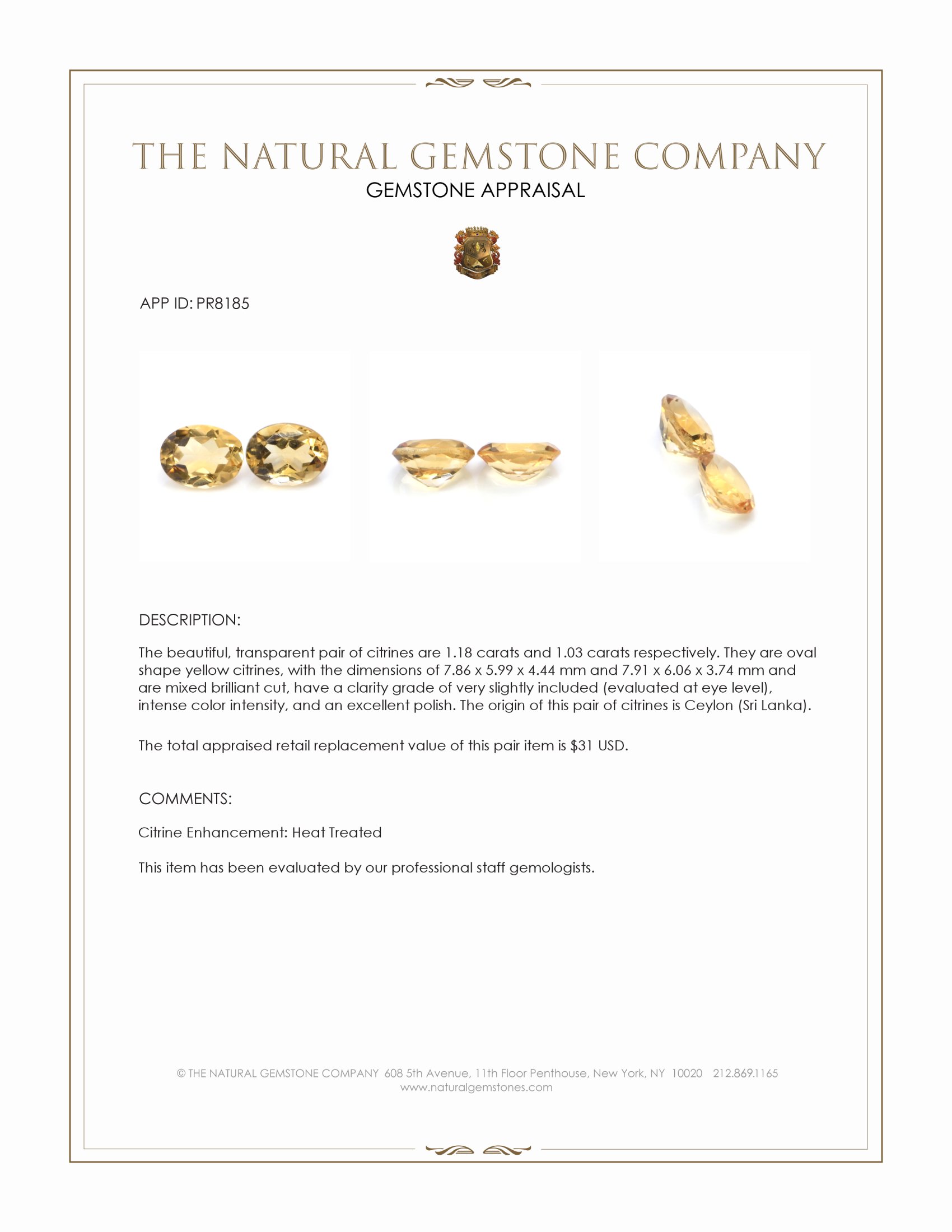 2.21 Ct.Tw. Yellow Citrine Pair from Ceylon (Sri Lanka)