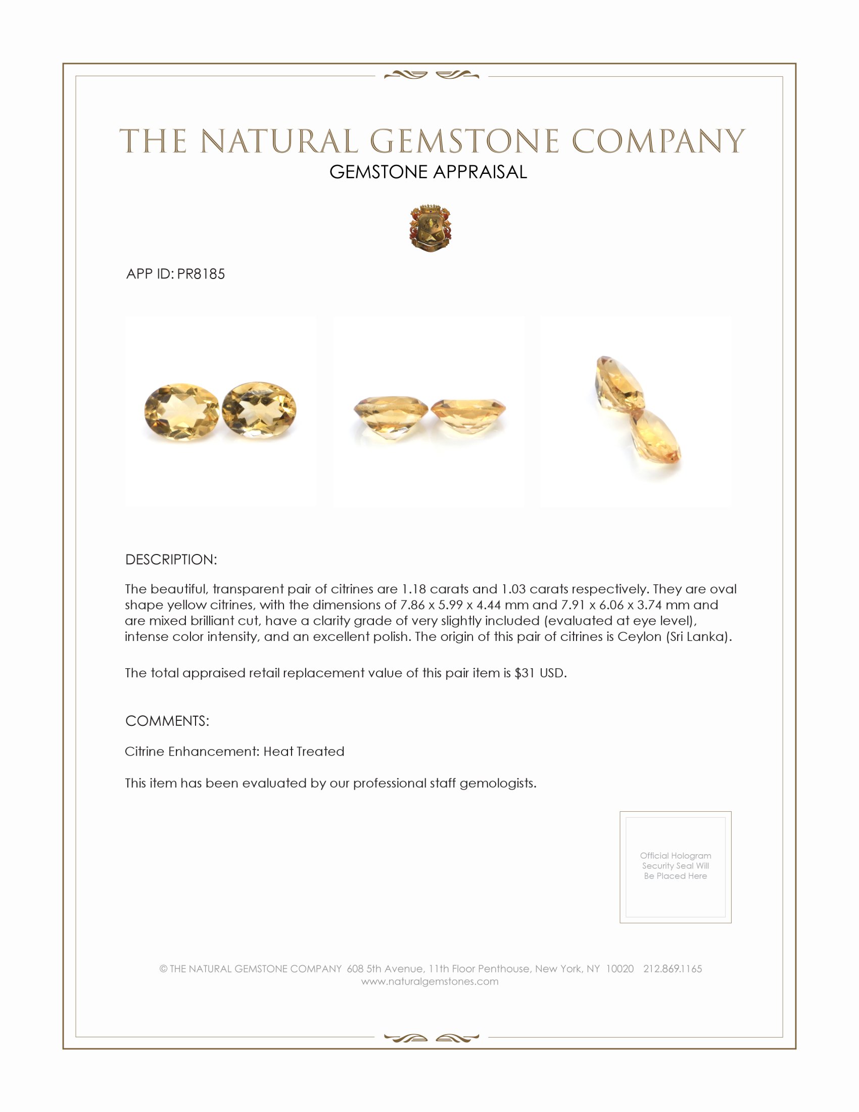 2.21 Ct.Tw. Citrine Pair from Ceylon (Sri Lanka)