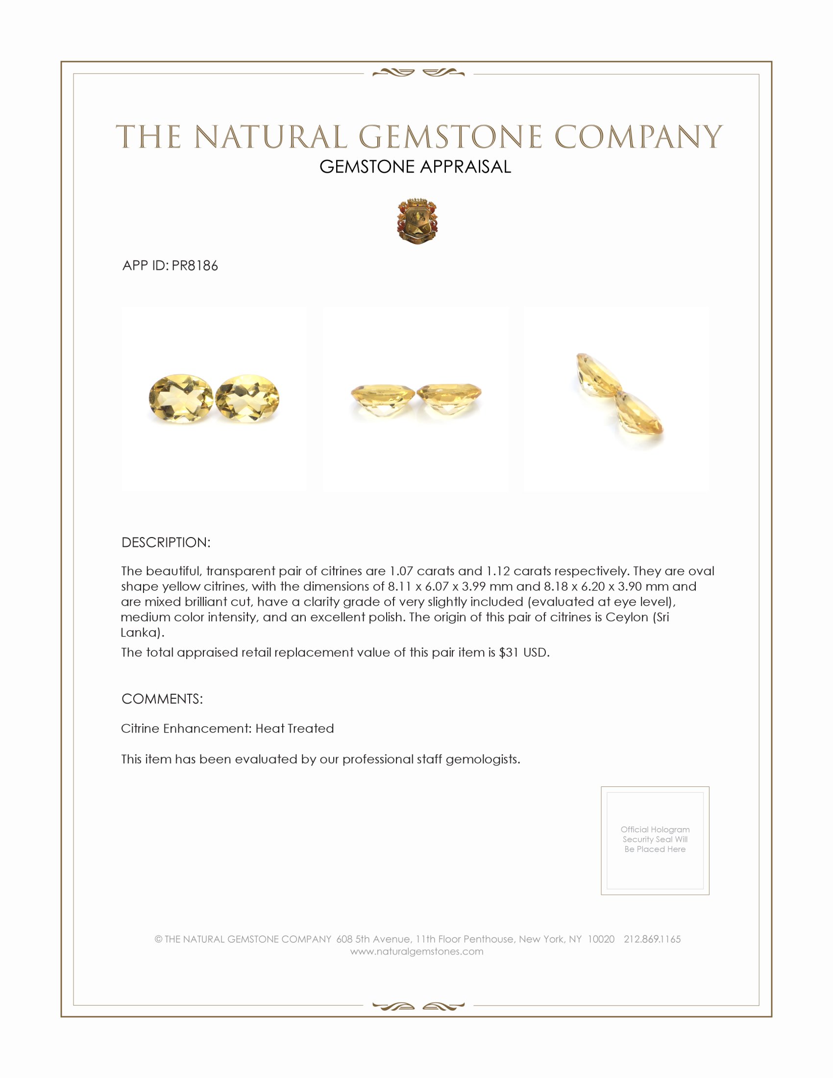 2.19 Ct.Tw. Citrine Pair from Ceylon (Sri Lanka)