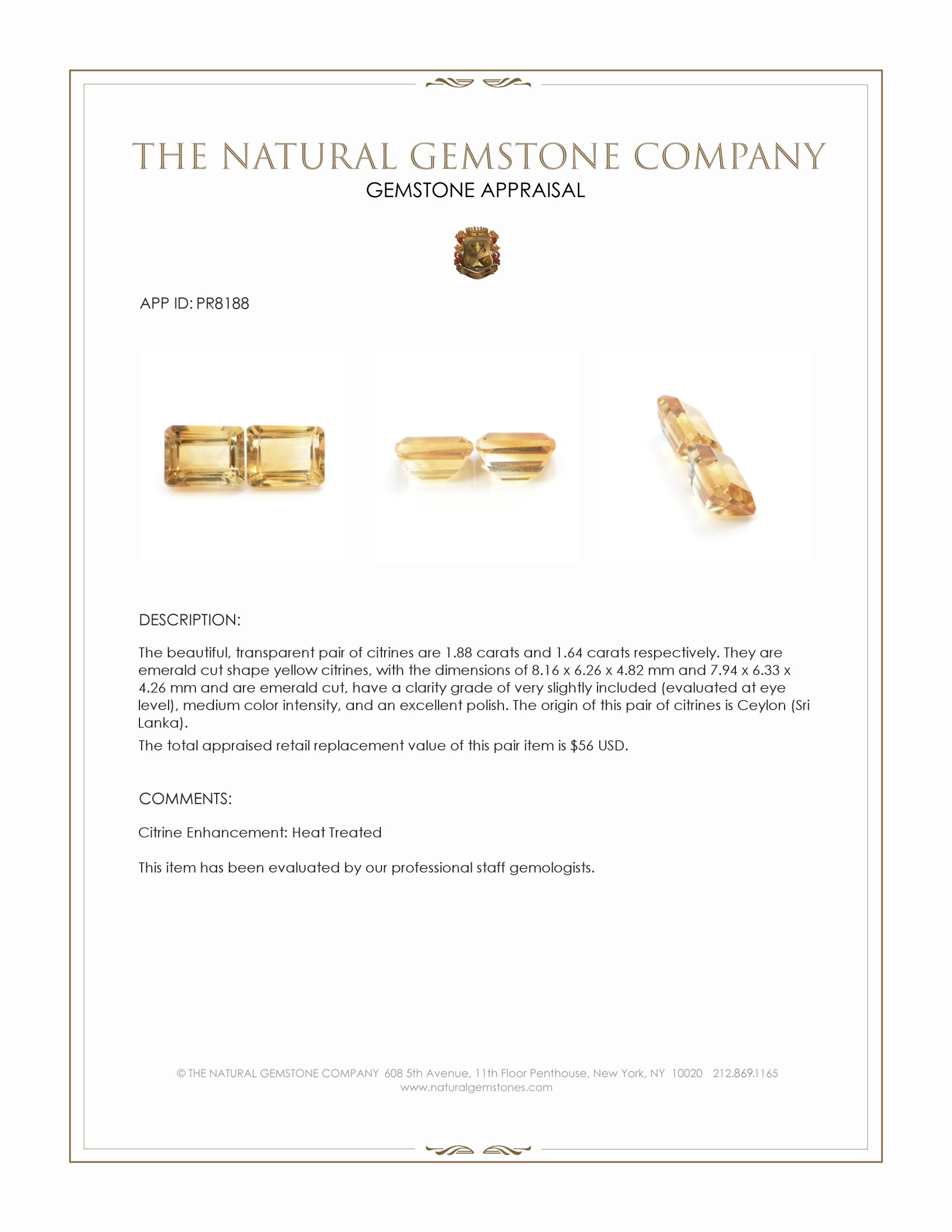 3.52 Ct.Tw. Yellow Citrine Pair from Ceylon (Sri Lanka)