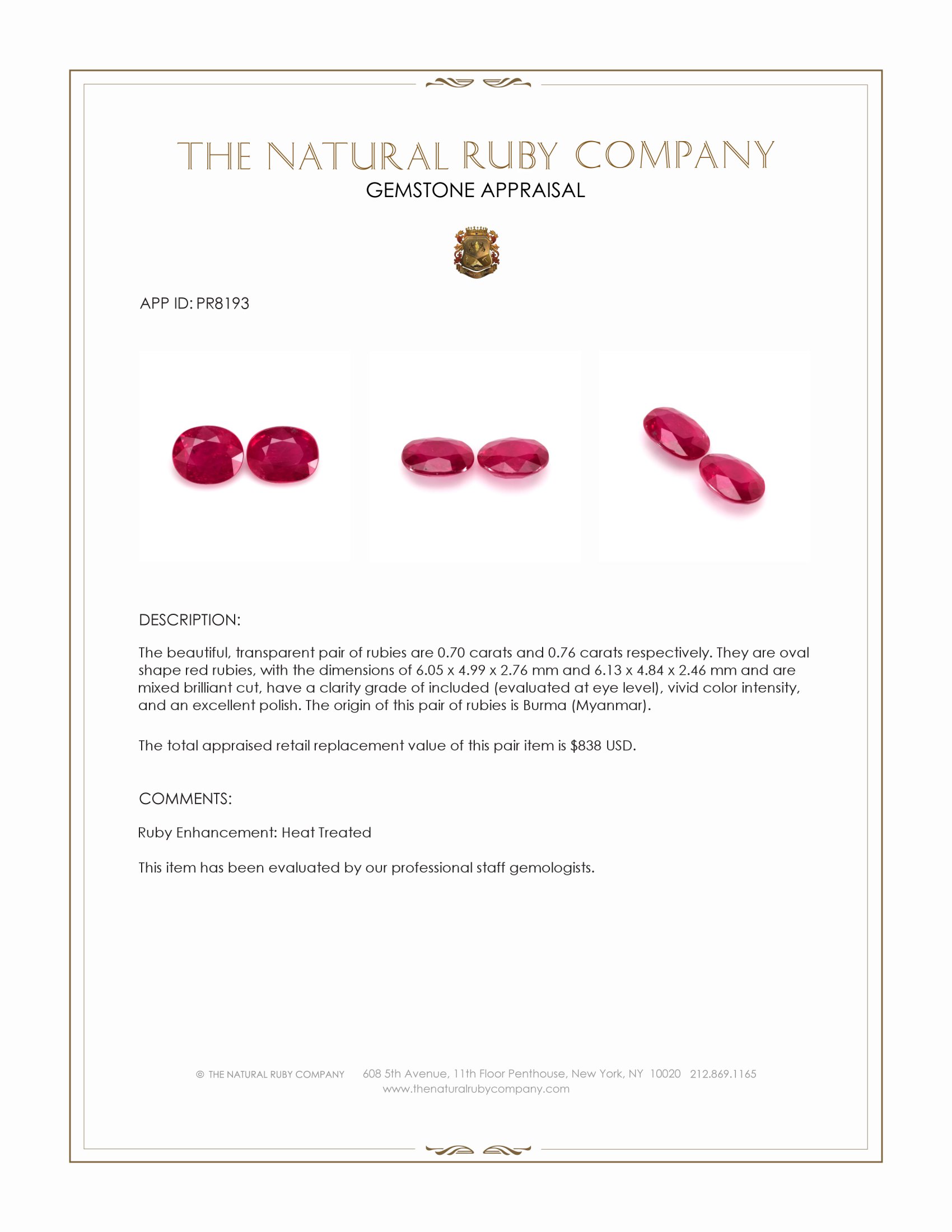 1.46 Ct.Tw. Ruby Pair from Burma (Myanmar)