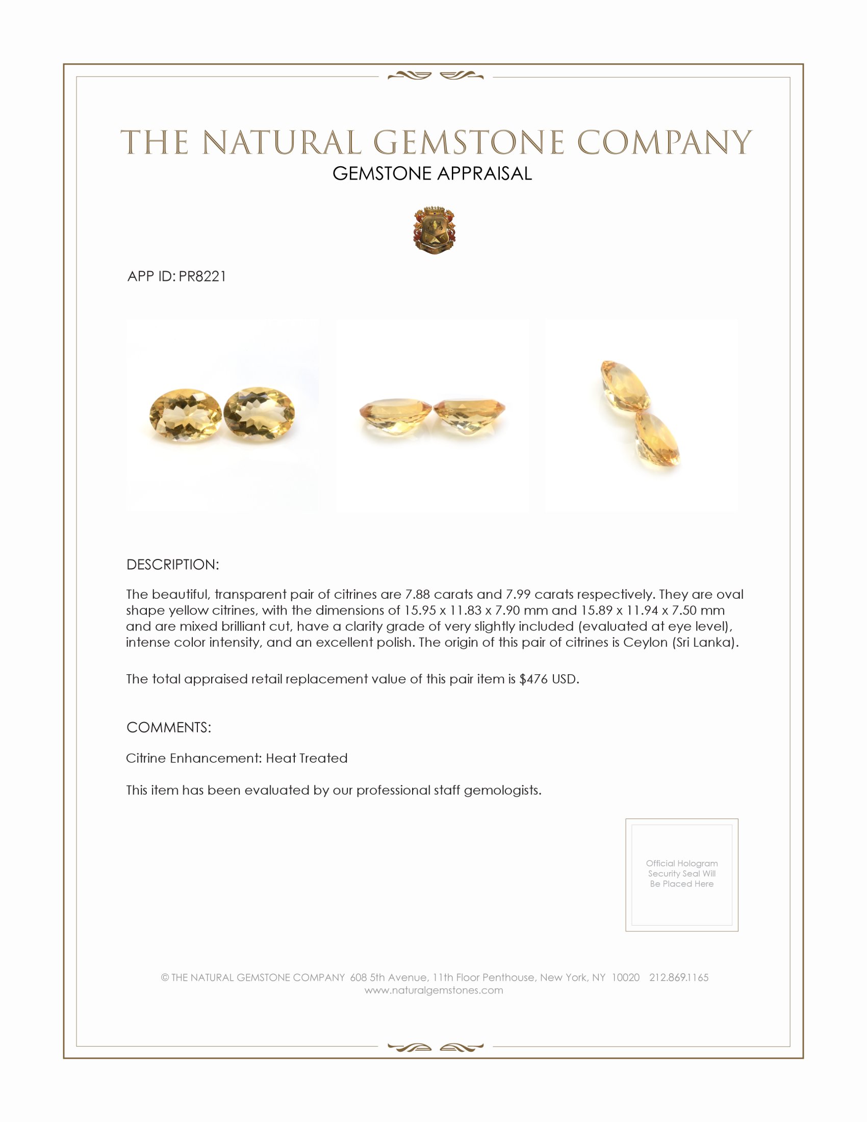 15.87 Ct.Tw. Yellow Citrine Pair from Ceylon (Sri Lanka)