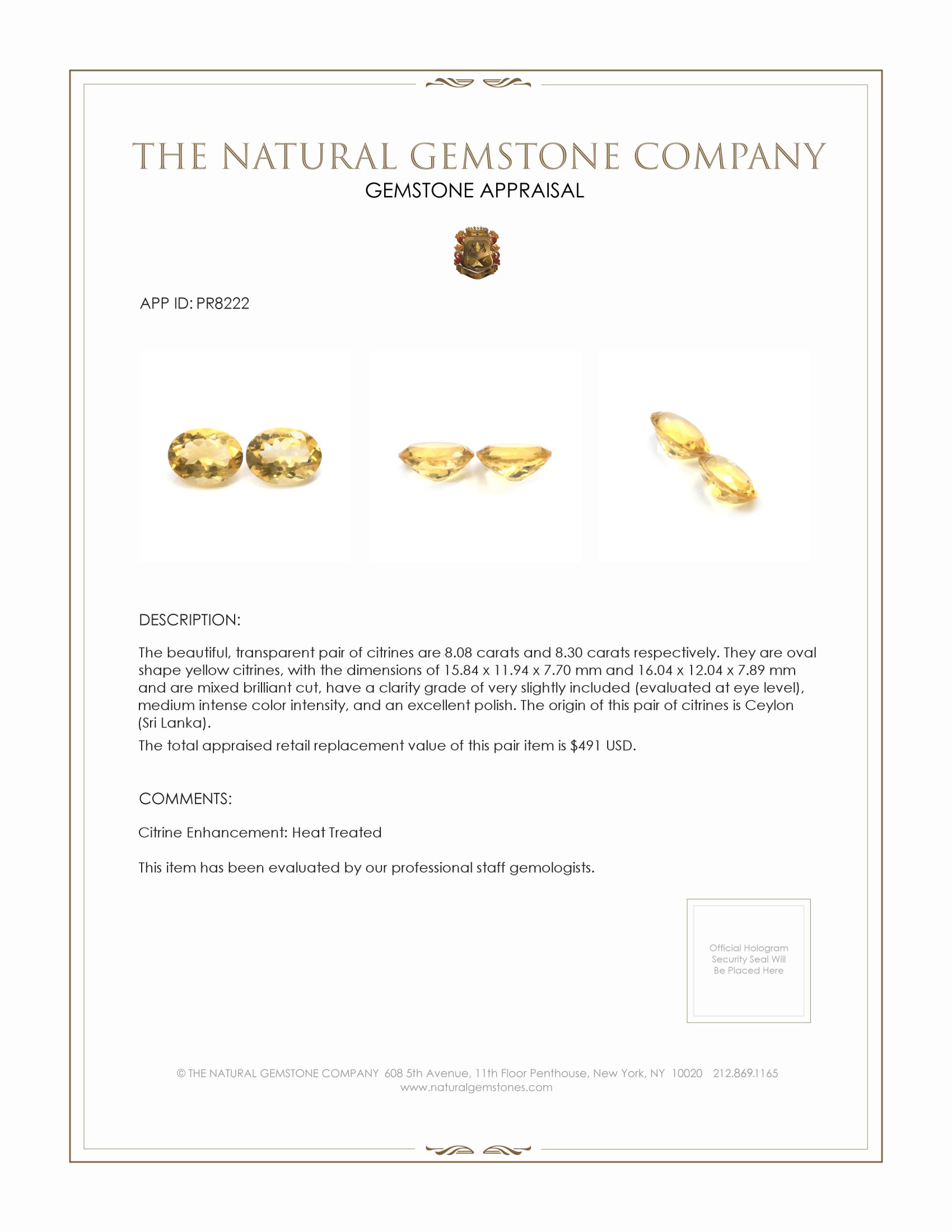 16.38 Ct.Tw. Yellow Citrine Pair from Ceylon (Sri Lanka)