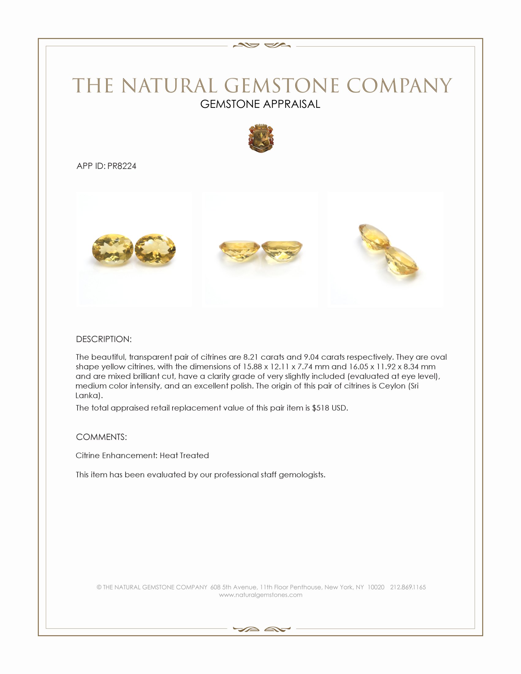 17.25 Ct.Tw. Yellow Citrine Pair from Ceylon (Sri Lanka)