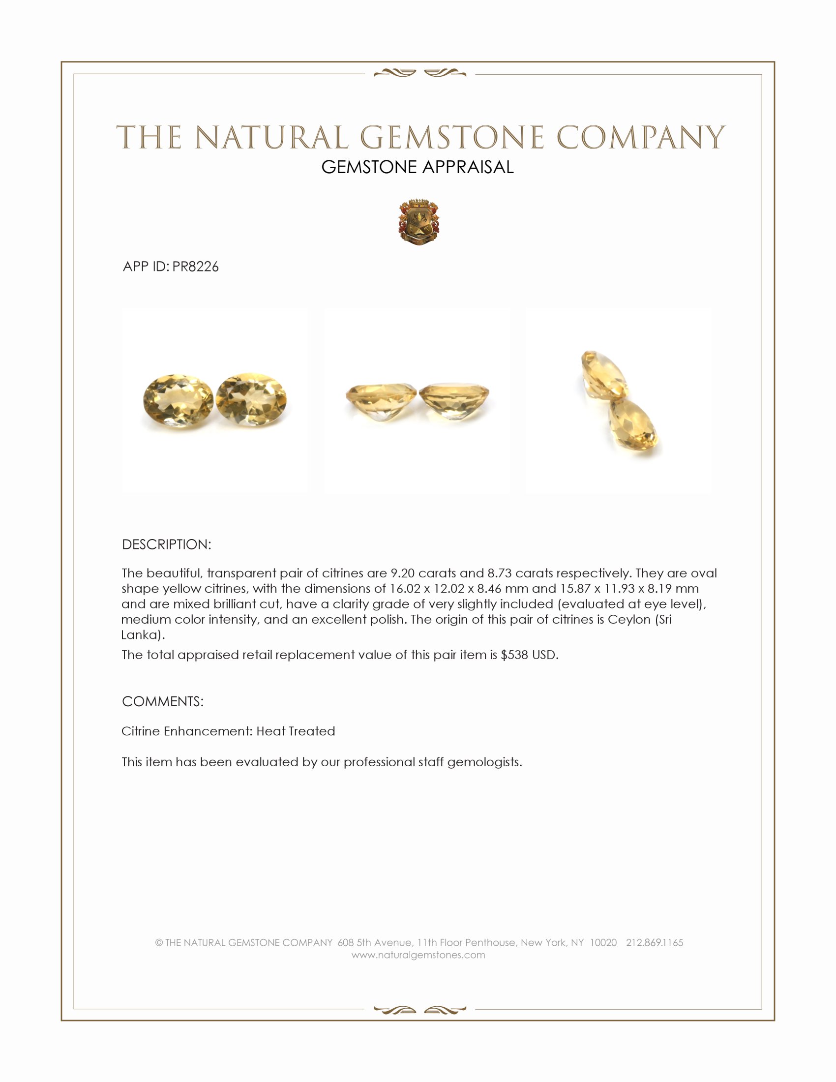 17.93 Ct.Tw. Yellow Citrine Pair from Ceylon (Sri Lanka)