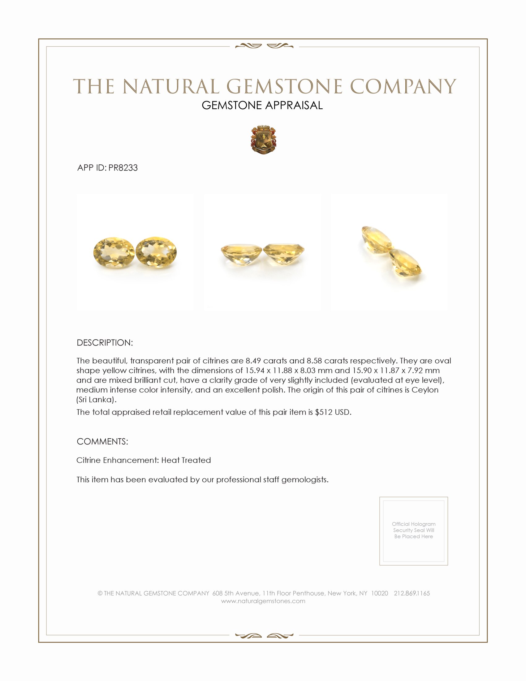 17.07 Ct.Tw. Yellow Citrine Pair from Ceylon (Sri Lanka)