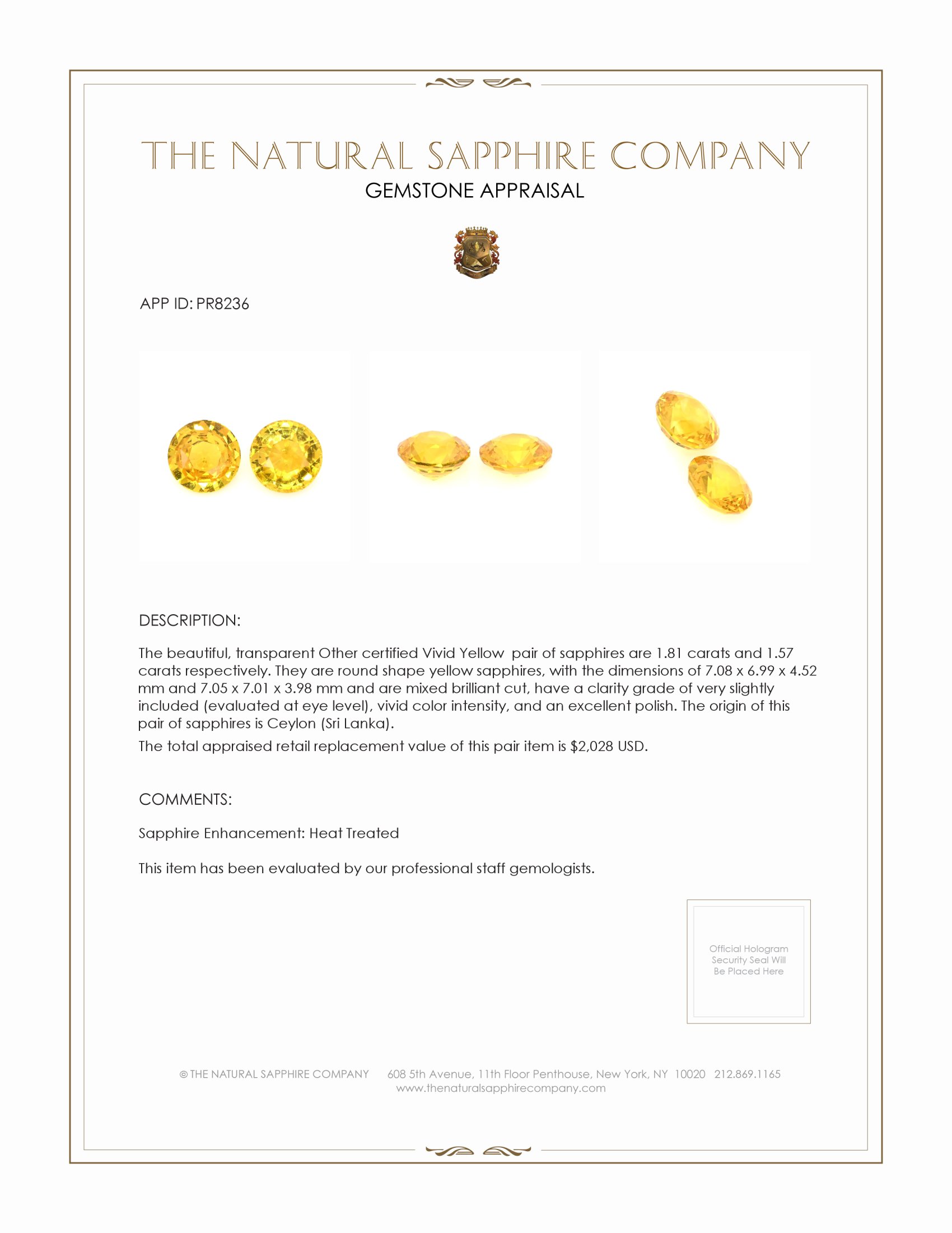 3.38 Ct.Tw. Yellow Sapphire Pair from Ceylon (Sri Lanka)