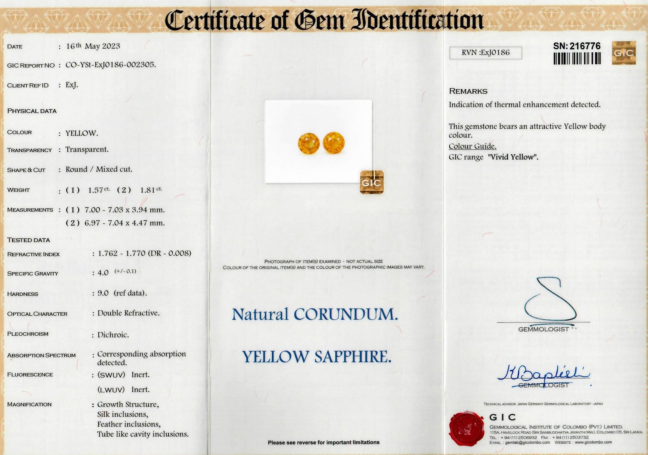 3.38 Ct.Tw. Yellow Sapphire Pair from Ceylon (Sri Lanka)