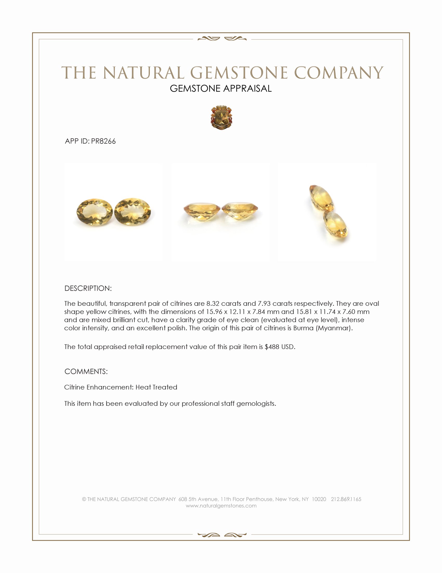 16.25 Ct.Tw. Yellow Citrine Pair from Burma (Myanmar)
