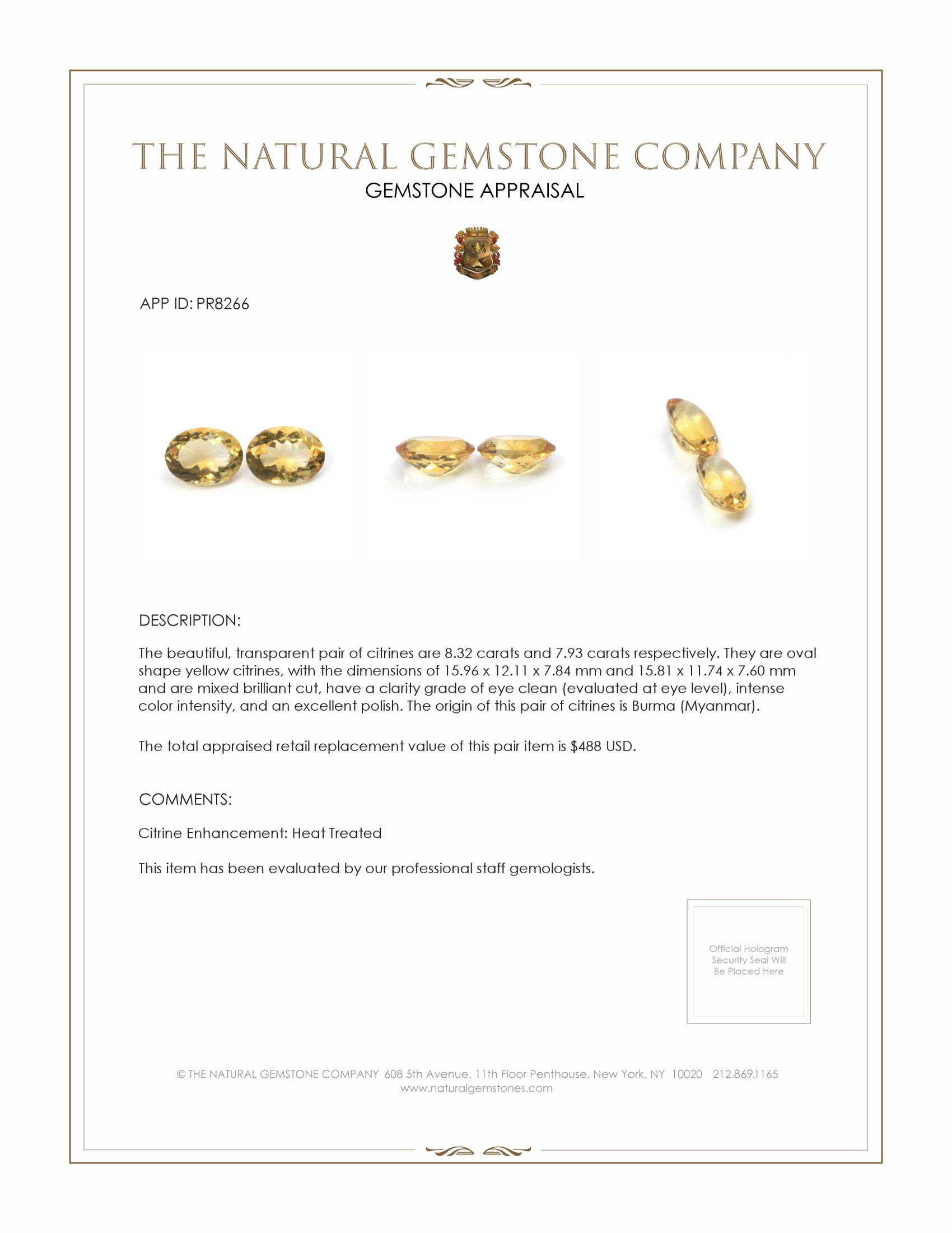 16.25 Ct.Tw. Citrine Pair from Burma (Myanmar)