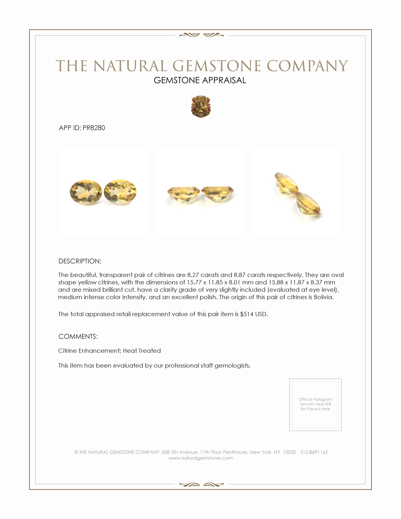 17.14 Ct.Tw. Yellow Citrine Pair from Bolivia
