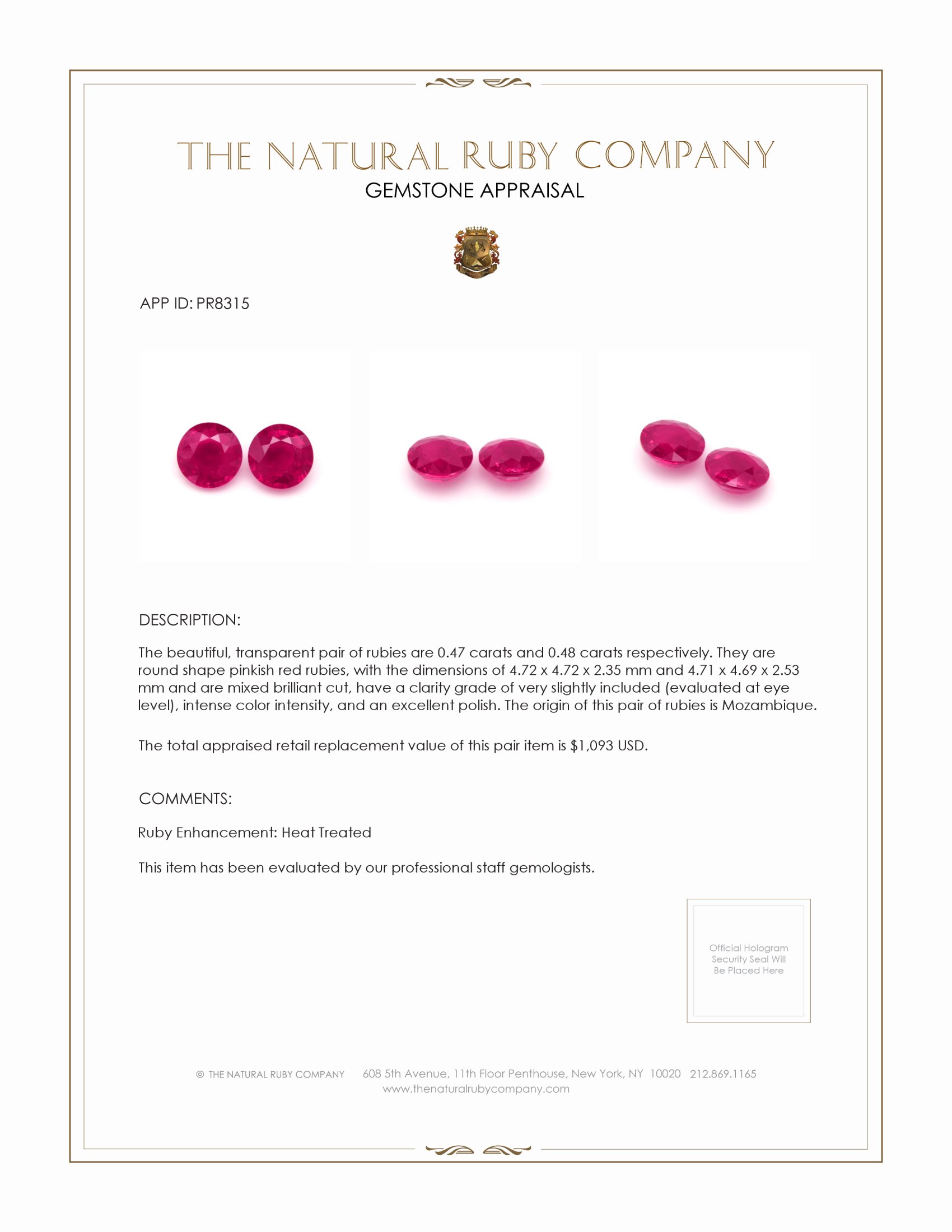 0.95 Ct.Tw. Ruby Pair from Mozambique