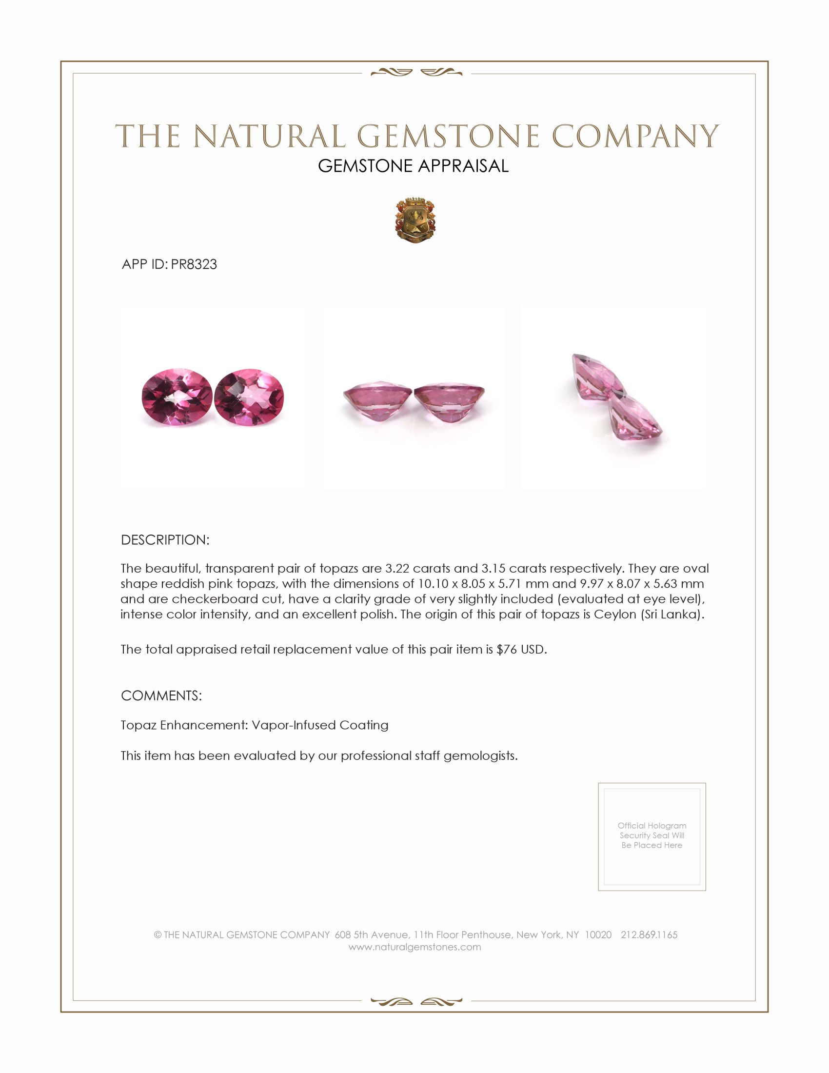 6.37 Ct.Tw. Reddish Pink Topaz Pair from Ceylon (Sri Lanka)