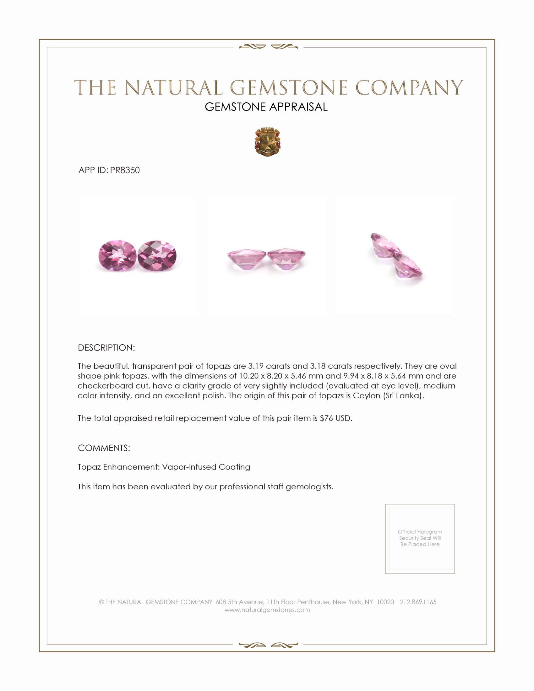 6.37 Ct.Tw. Pink Topaz Pair from Ceylon (Sri Lanka)