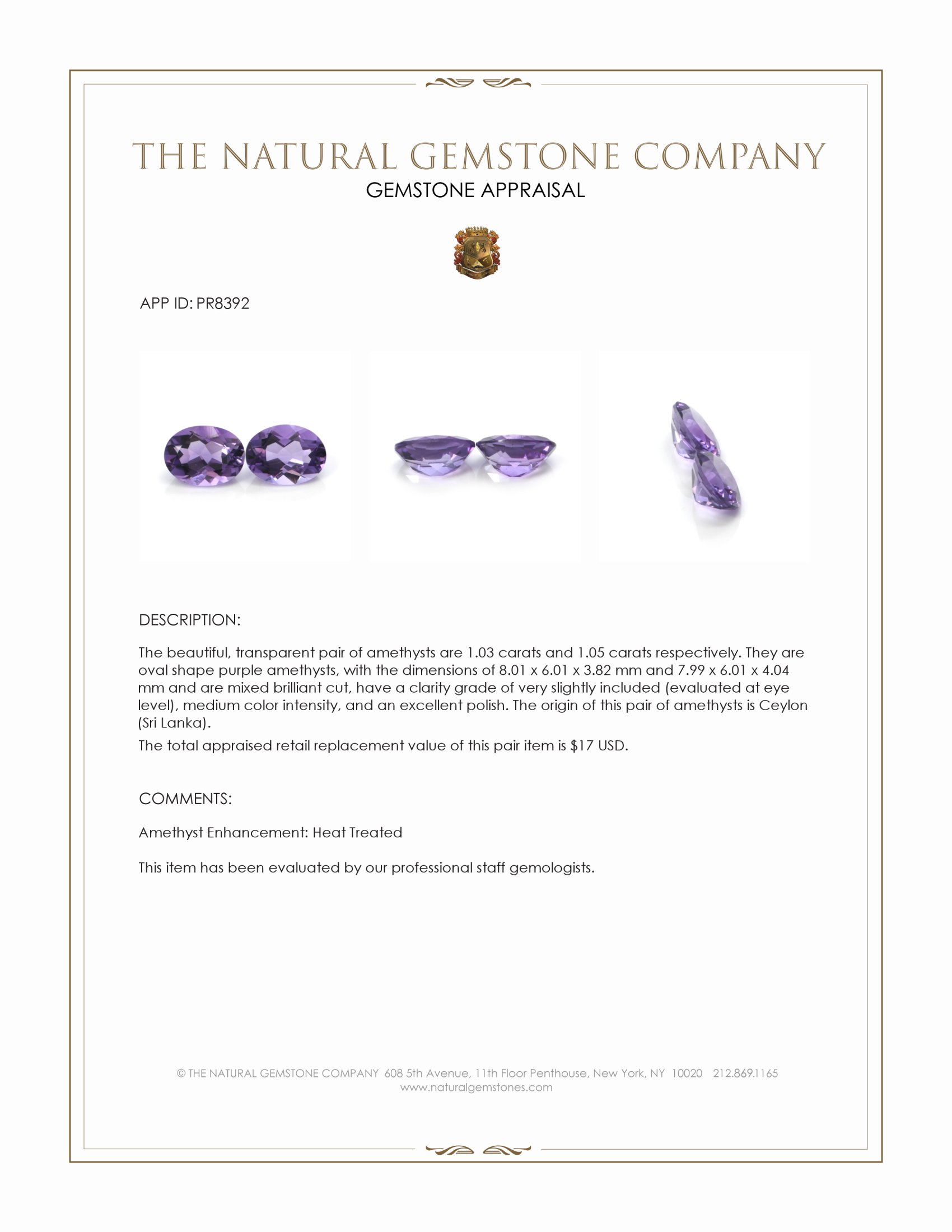 2.08 Ct.Tw. Purple Amethyst Pair from Ceylon (Sri Lanka)
