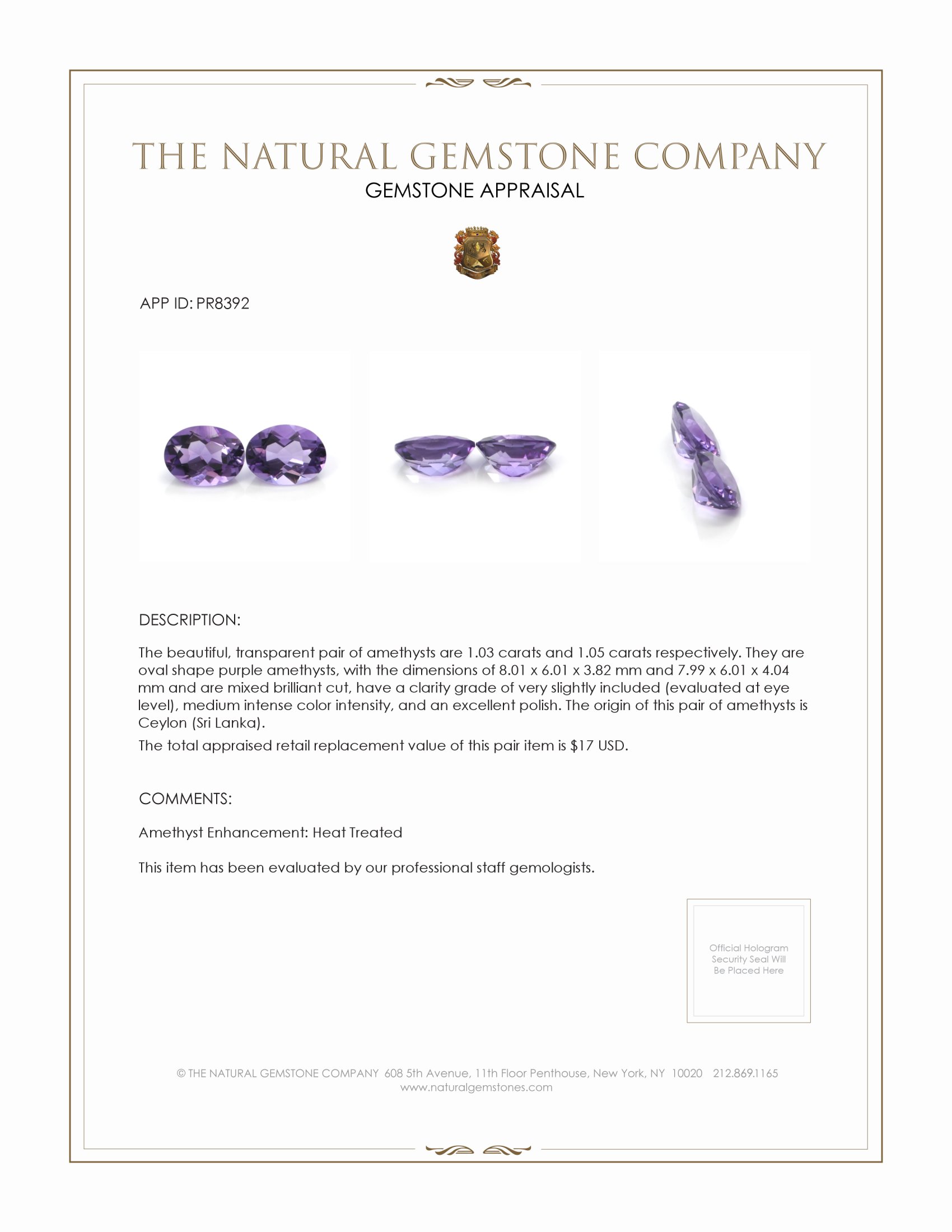 2.08 Ct.Tw. Amethyst Pair from Ceylon (Sri Lanka)