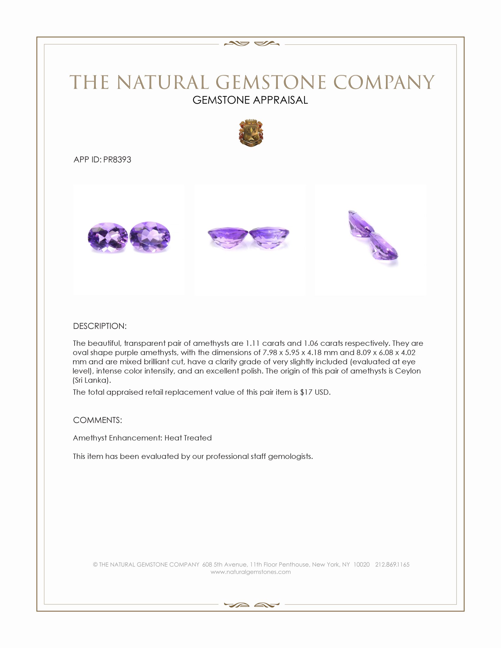 2.17 Ct.Tw. Purple Amethyst Pair from Ceylon (Sri Lanka)