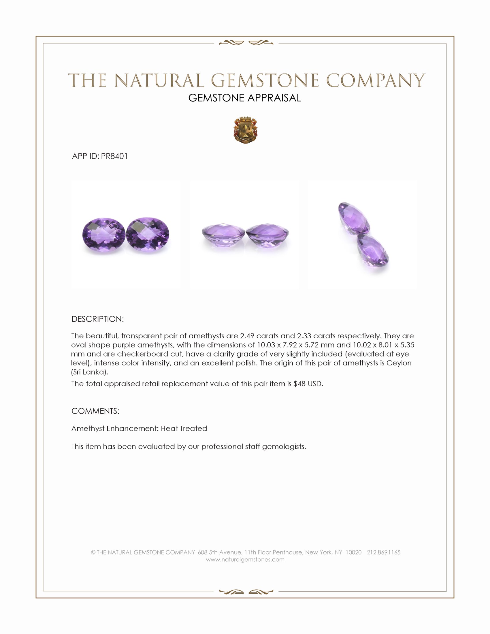 4.82 Ct.Tw. Purple Amethyst Pair from Ceylon (Sri Lanka)