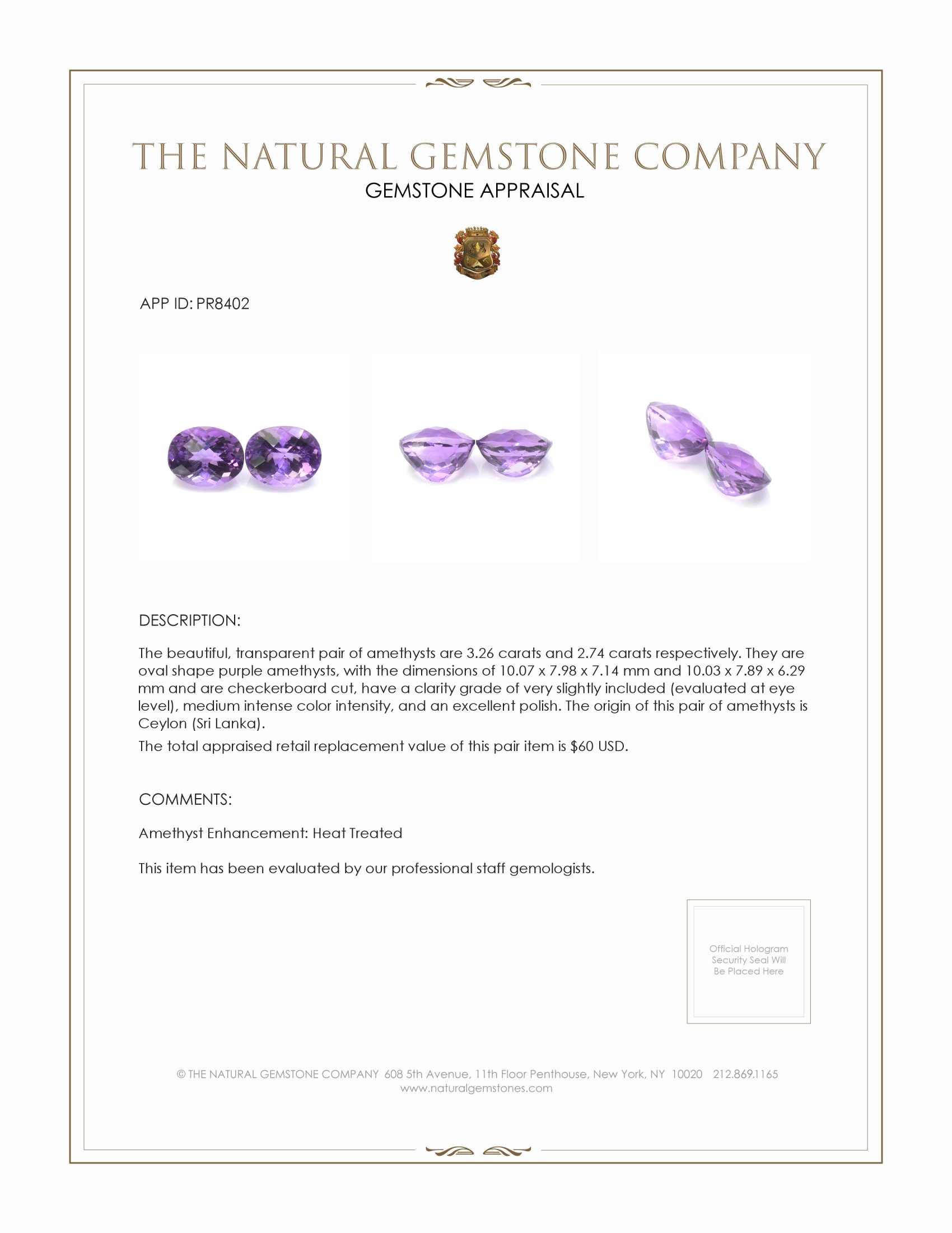 6.00 Ct.Tw. Purple Amethyst Pair from Ceylon (Sri Lanka)