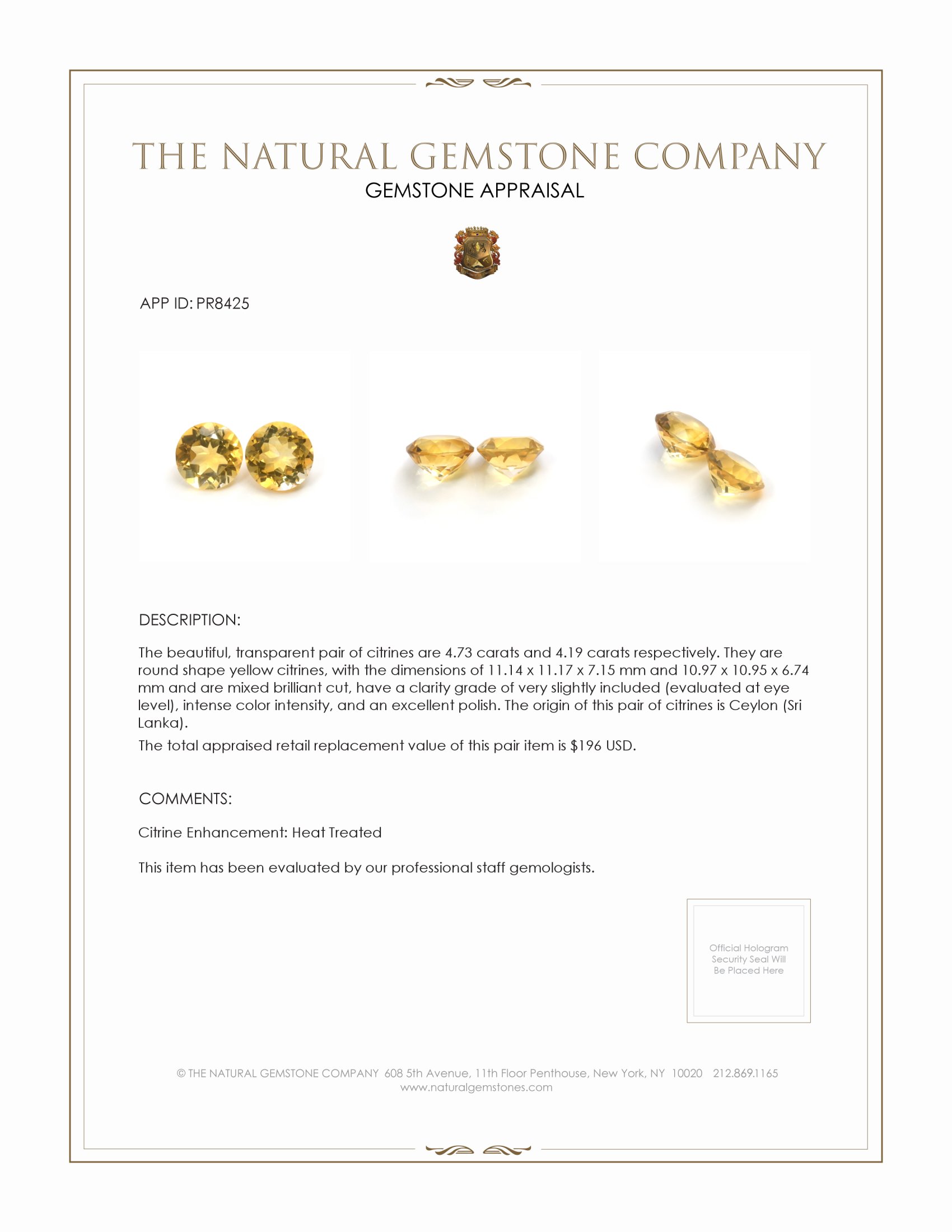 8.92 Ct.Tw. Citrine Pair from Ceylon (Sri Lanka)