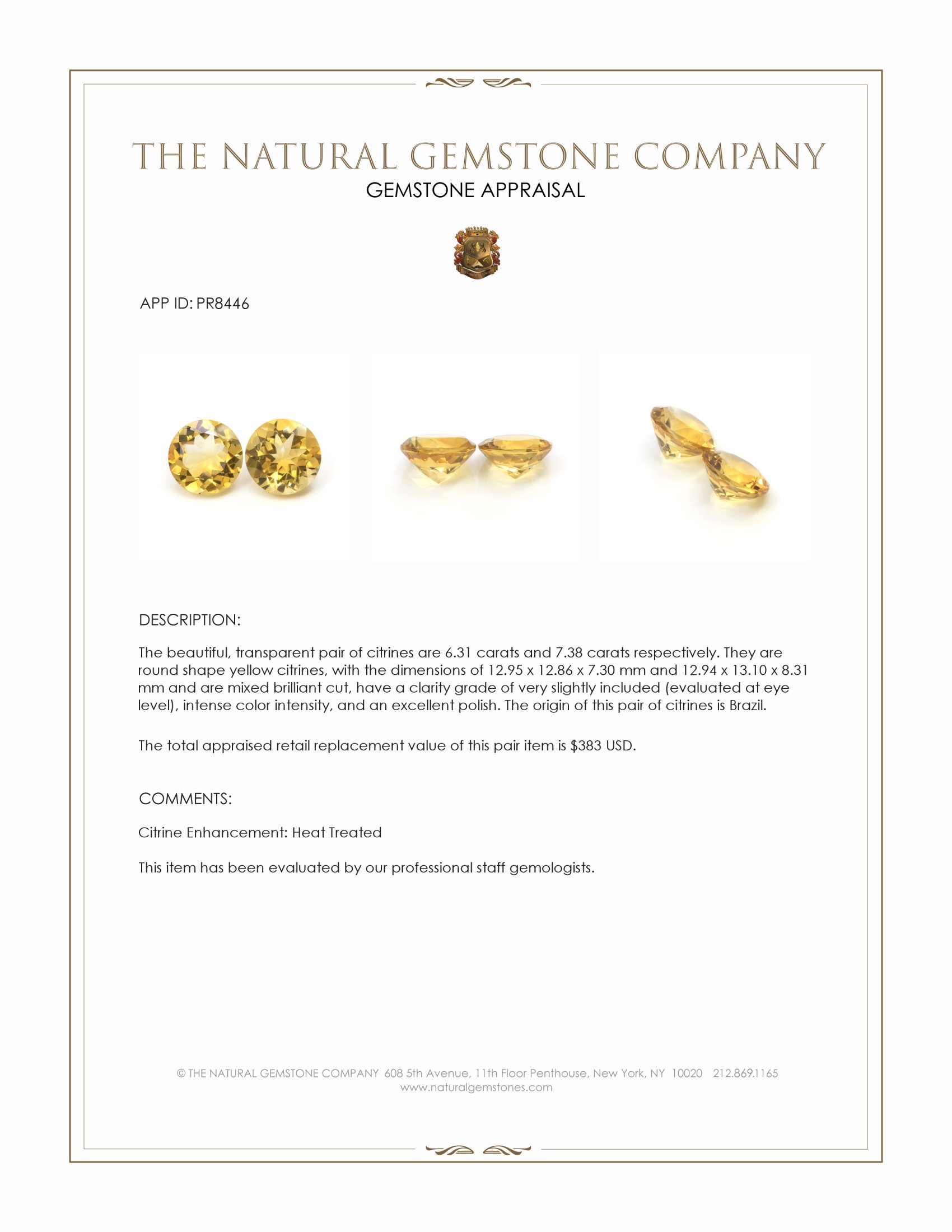 13.69 Ct.Tw. Yellow Citrine Pair from Brazil