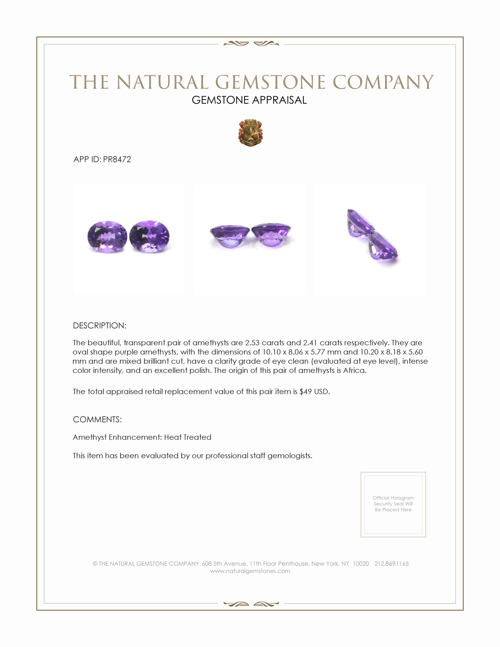 4.94 Ct.Tw. Purple Amethyst Pair from Africa