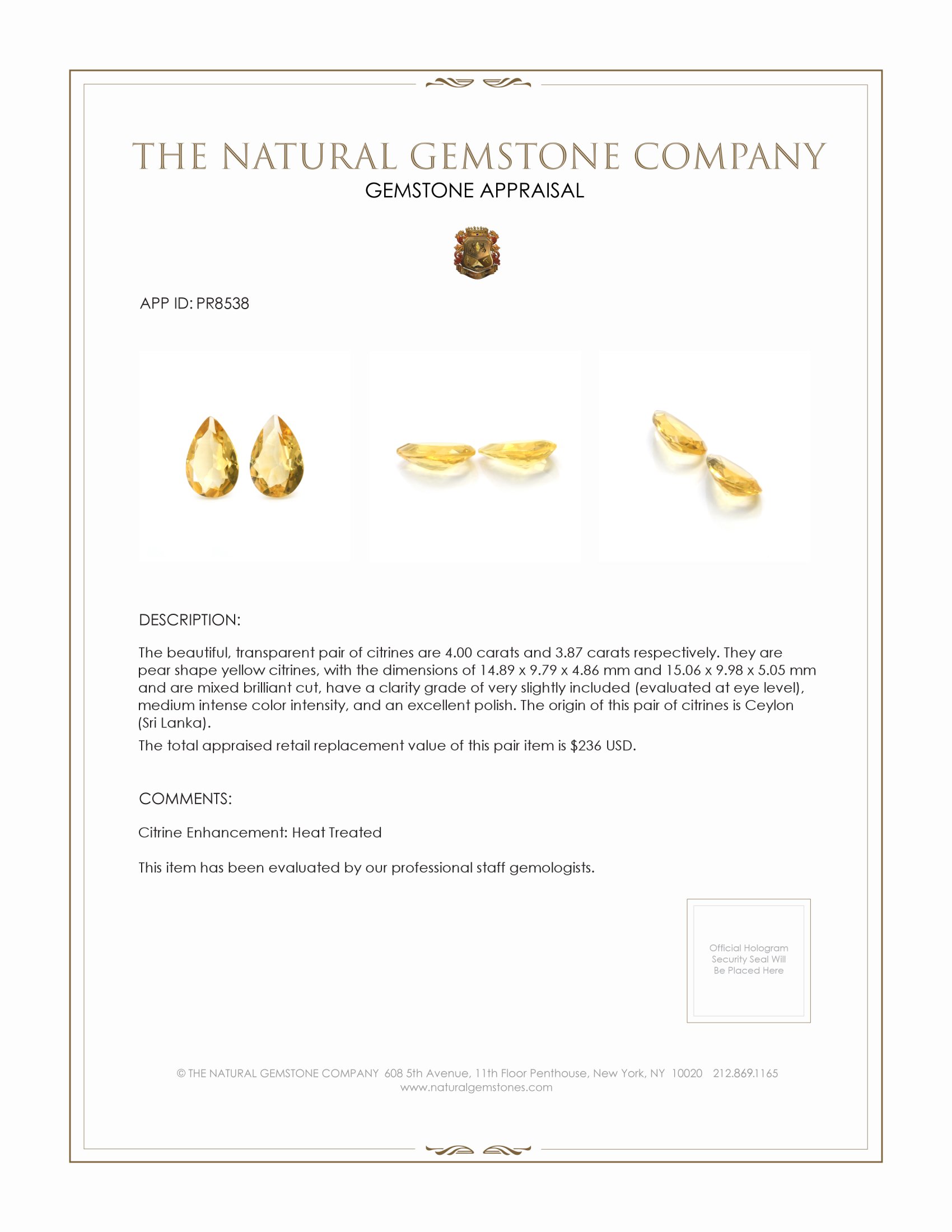 7.87 Ct.Tw. Citrine Pair from Ceylon (Sri Lanka)