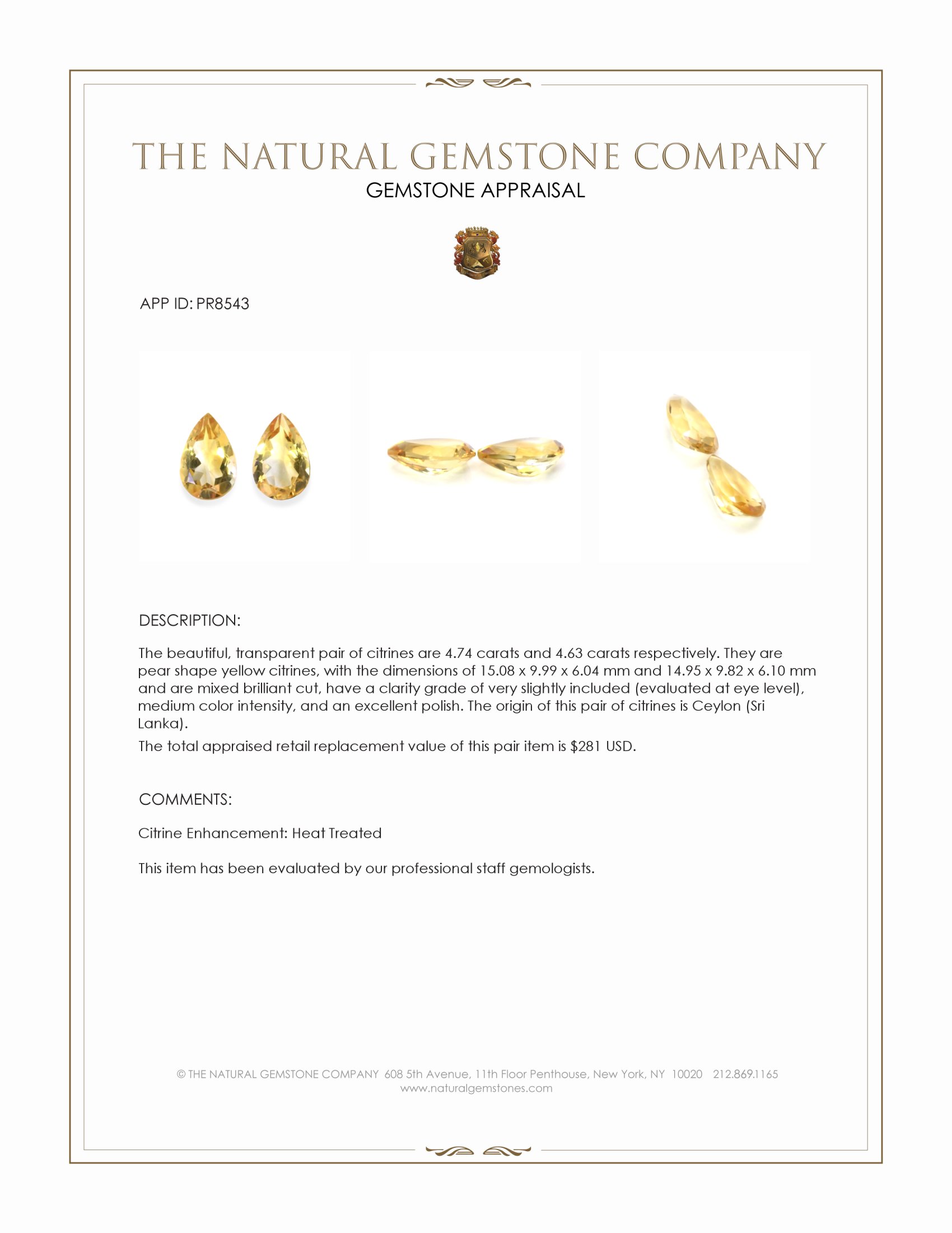9.37 Ct.Tw. Yellow Citrine Pair from Ceylon (Sri Lanka)