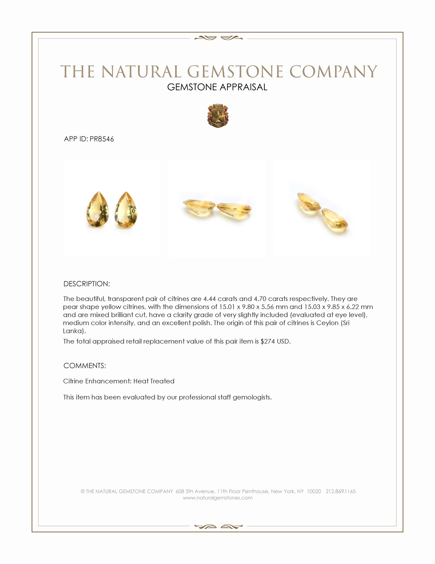 9.14 Ct.Tw. Yellow Citrine Pair from Ceylon (Sri Lanka)