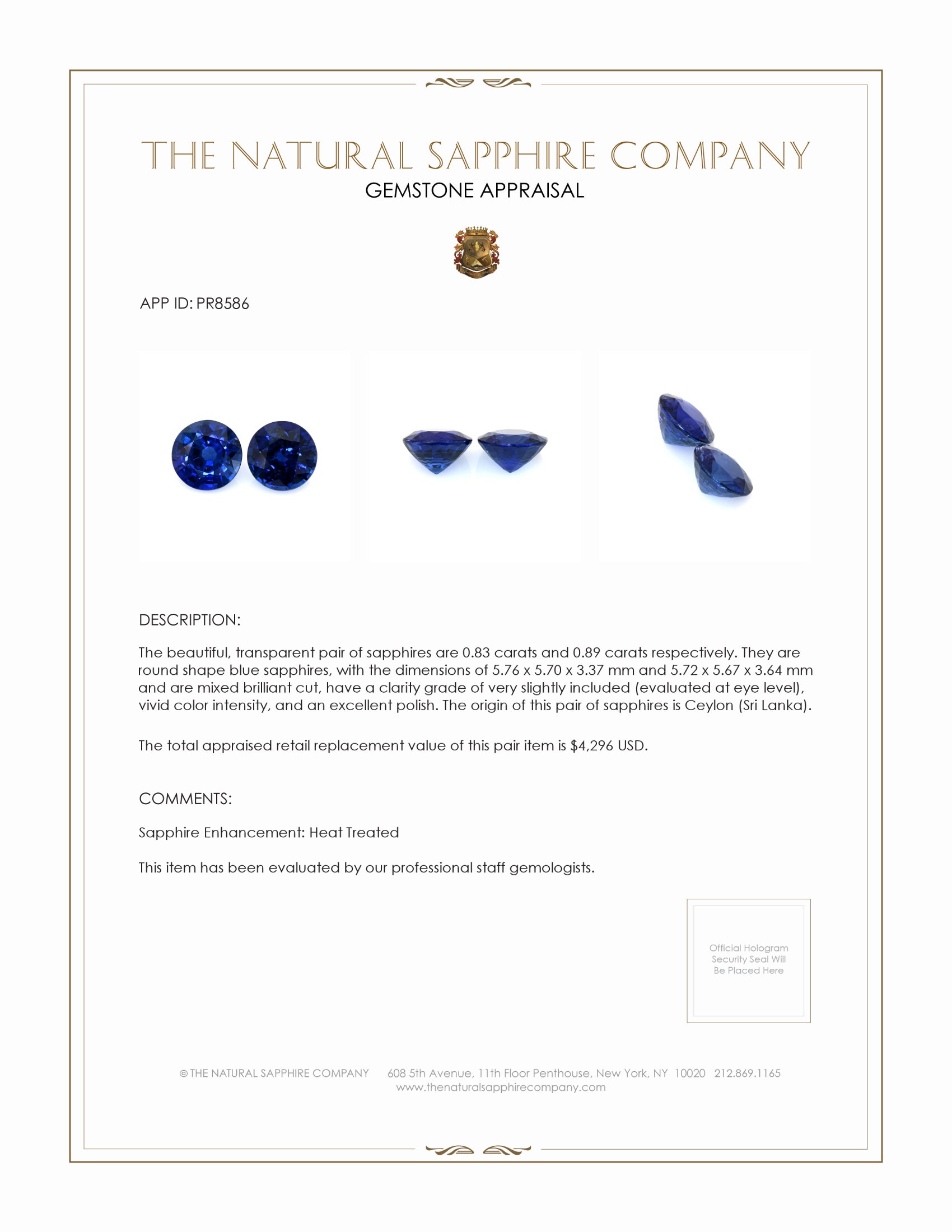1.72 Ct.Tw. Blue Sapphire Pair from Ceylon (Sri Lanka)